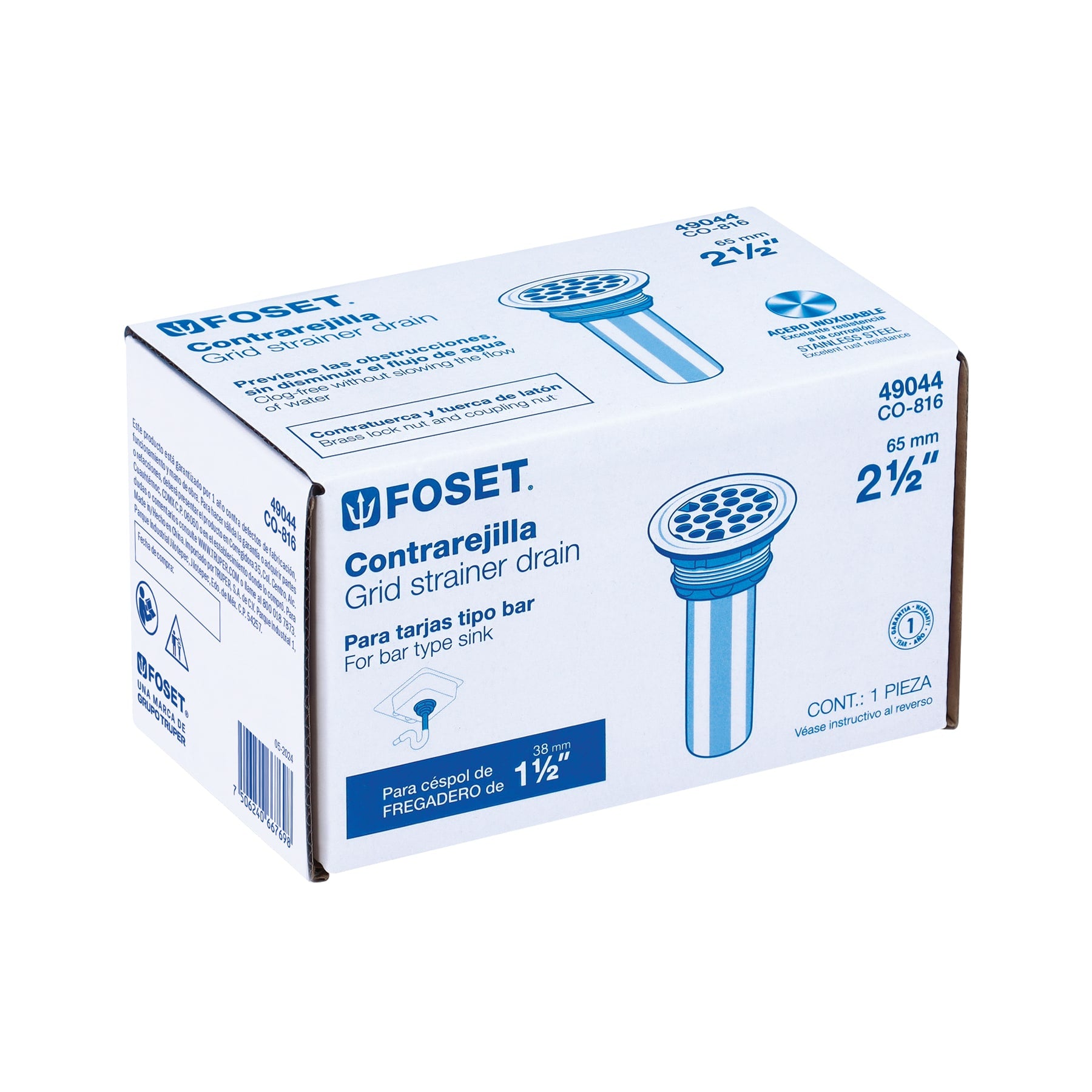Contrarejilla 2-1/2" inox, tipo bar, FOSET