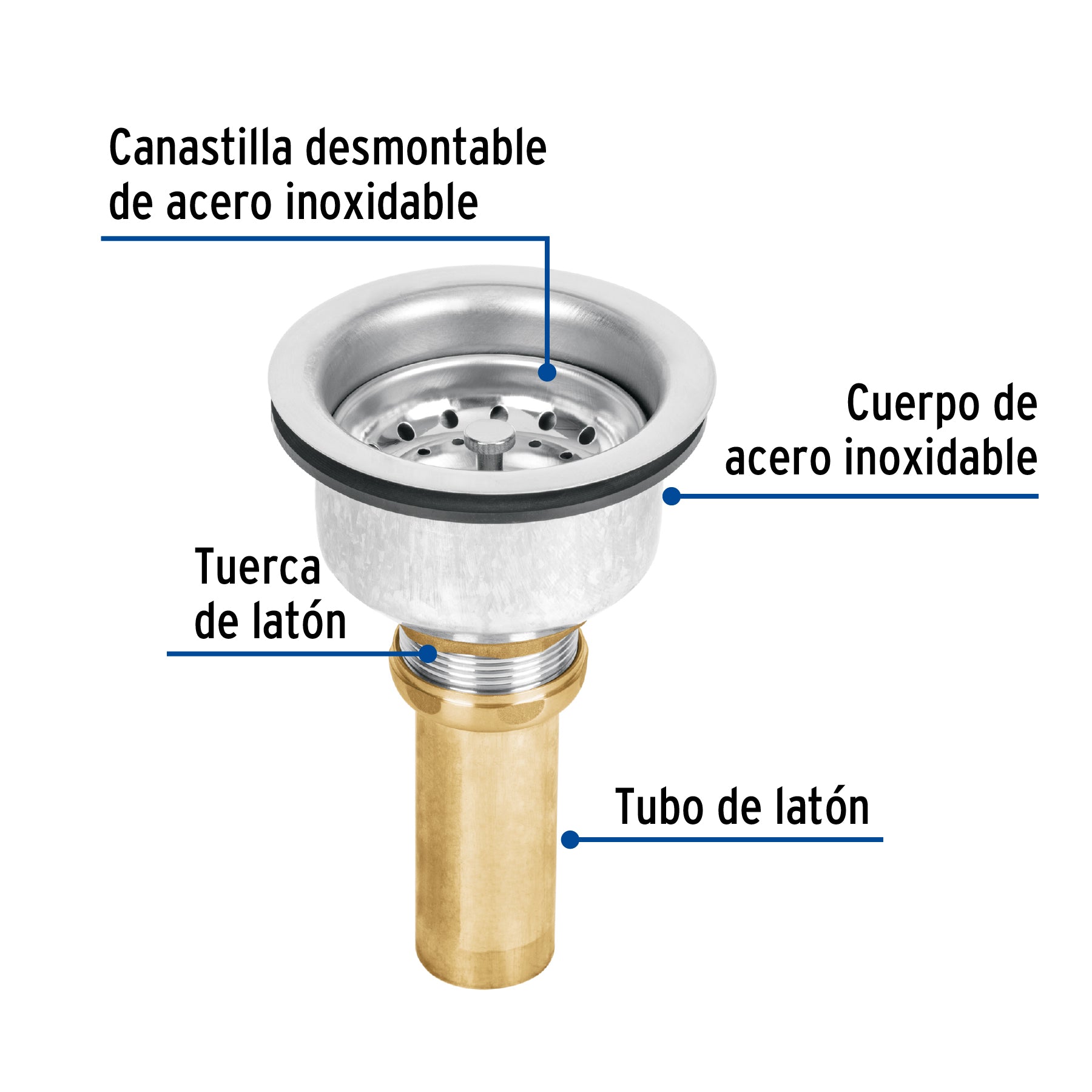 Contracanasta 3-1/2" inox, instala-fácil, tubo latón, FOSET