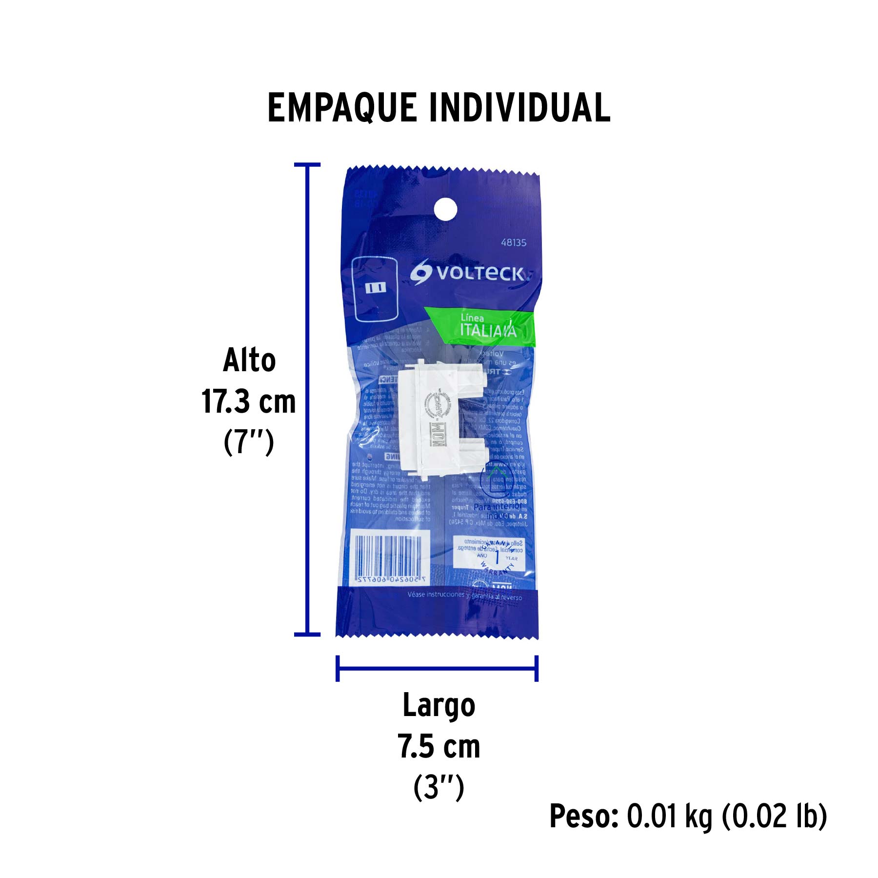 Contacto sencillo, 2polos, sin tierra, línea Italiana,blanco - Empaque