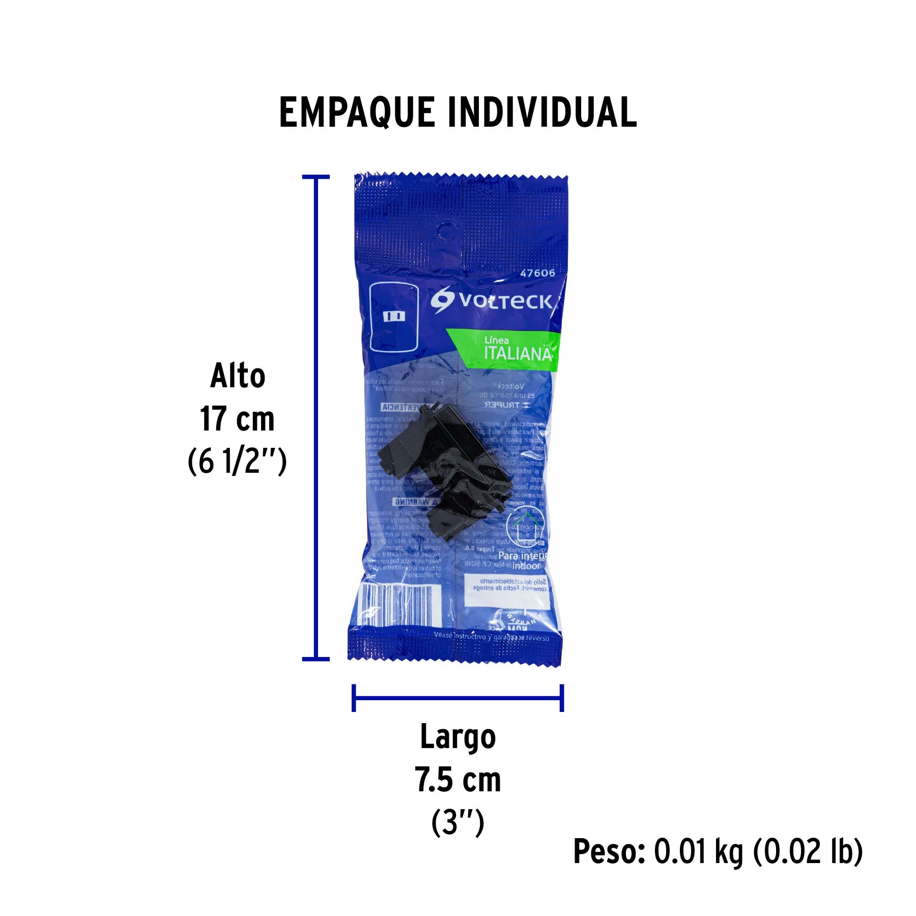 Contacto sencillo, 2polos, sin tierra, negro, Línea Italiana - Empaque