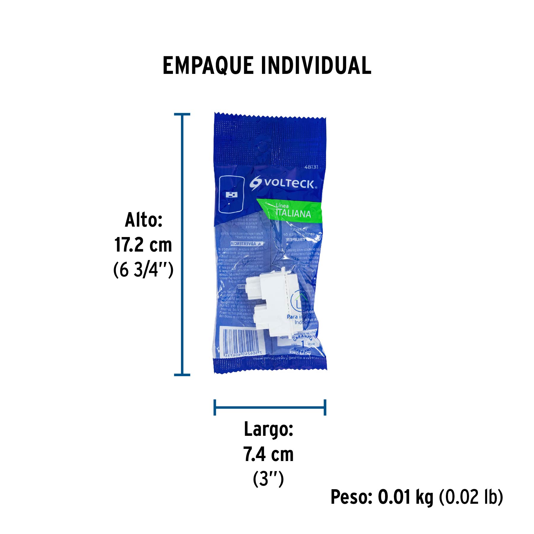 Contacto sencillo, 2 polos + tierra, línea Italiana, blanco - Empaque