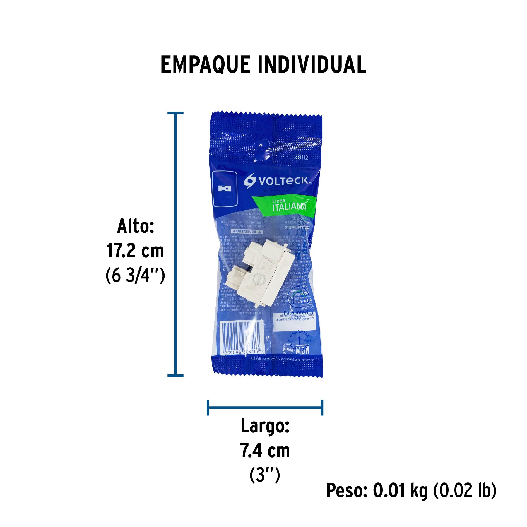 Contacto sencillo, 2 polos + tierra, línea Italiana, marfil - Empaque