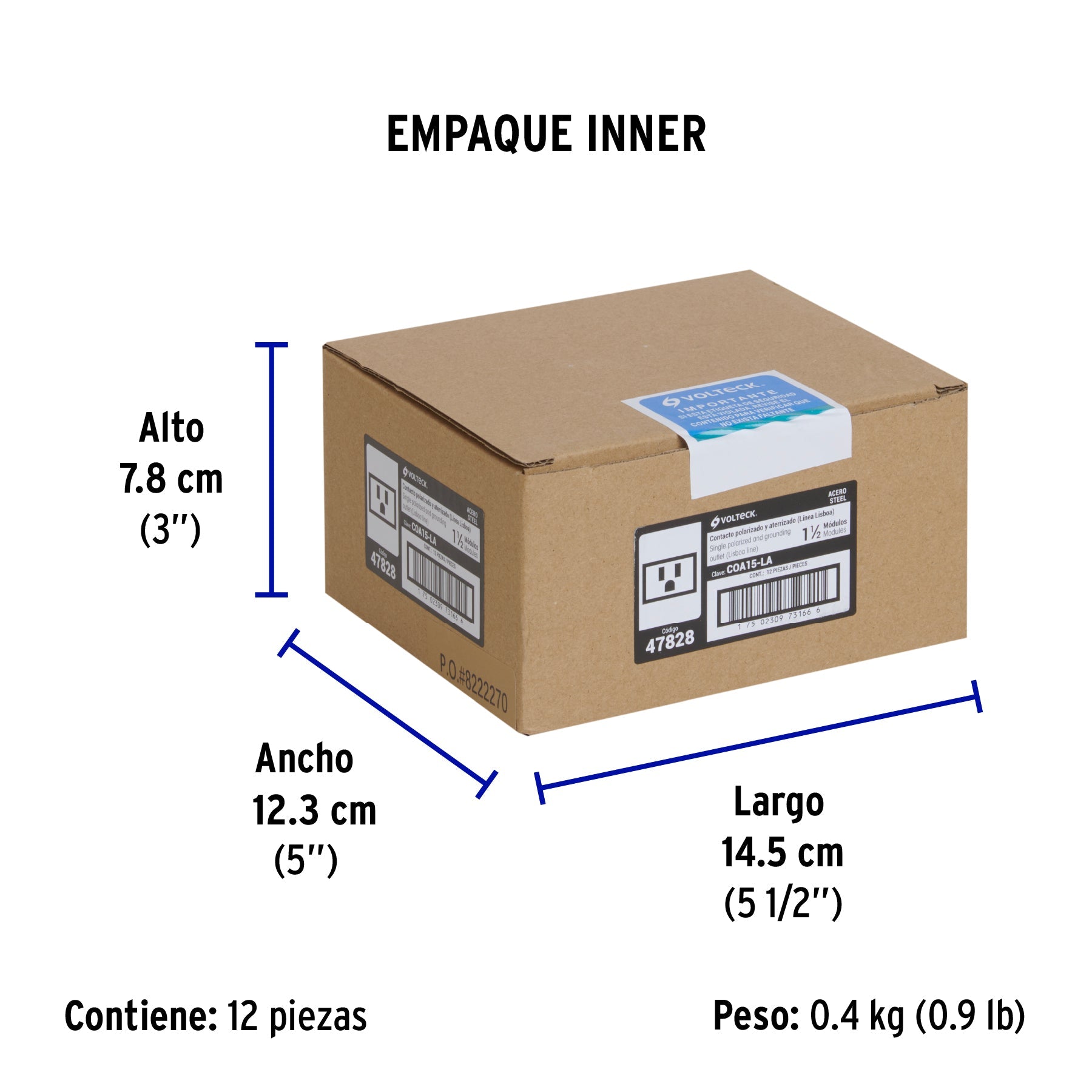 Contacto aterrizado acero inox de 1.5 módulos, línea Lisboa - Empaque