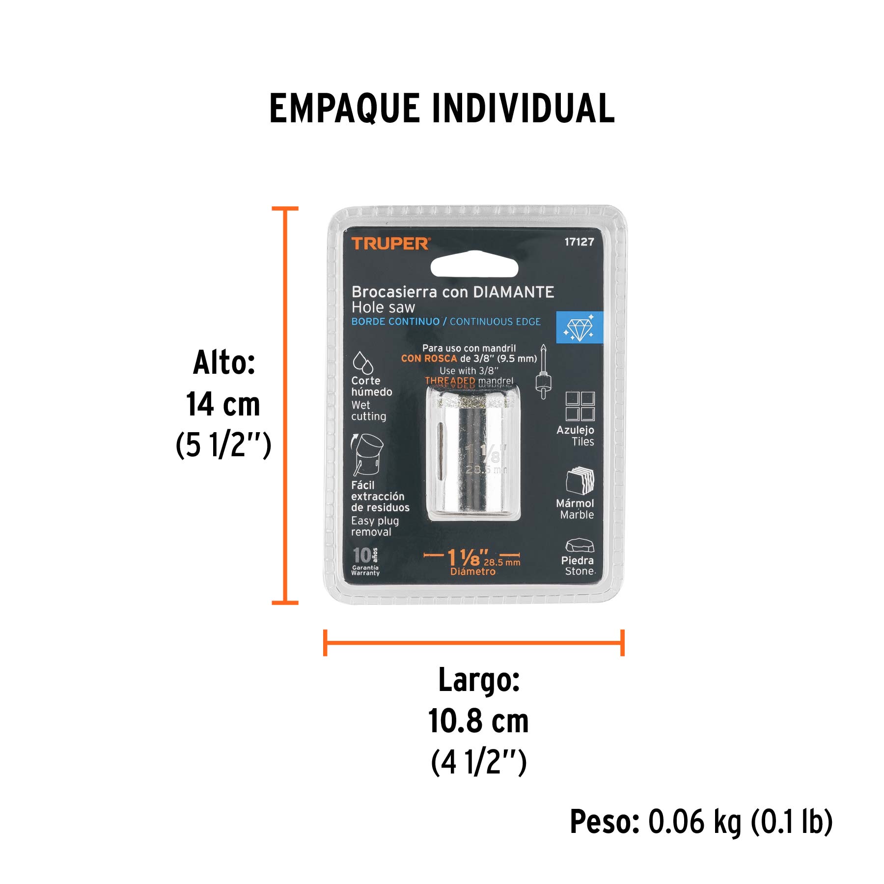 Brocasierra diamante 1-1/8" borde continuo, TRUPER - Empaque