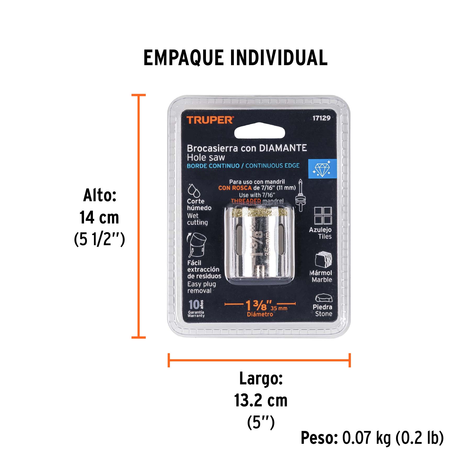 Brocasierra diamante 1-3/8" borde continuo, TRUPER - Empaque