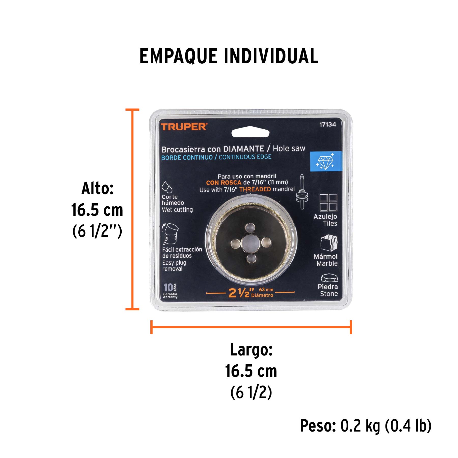 Brocasierra diamante 2-1/2" borde continuo, TRUPER - Empaque