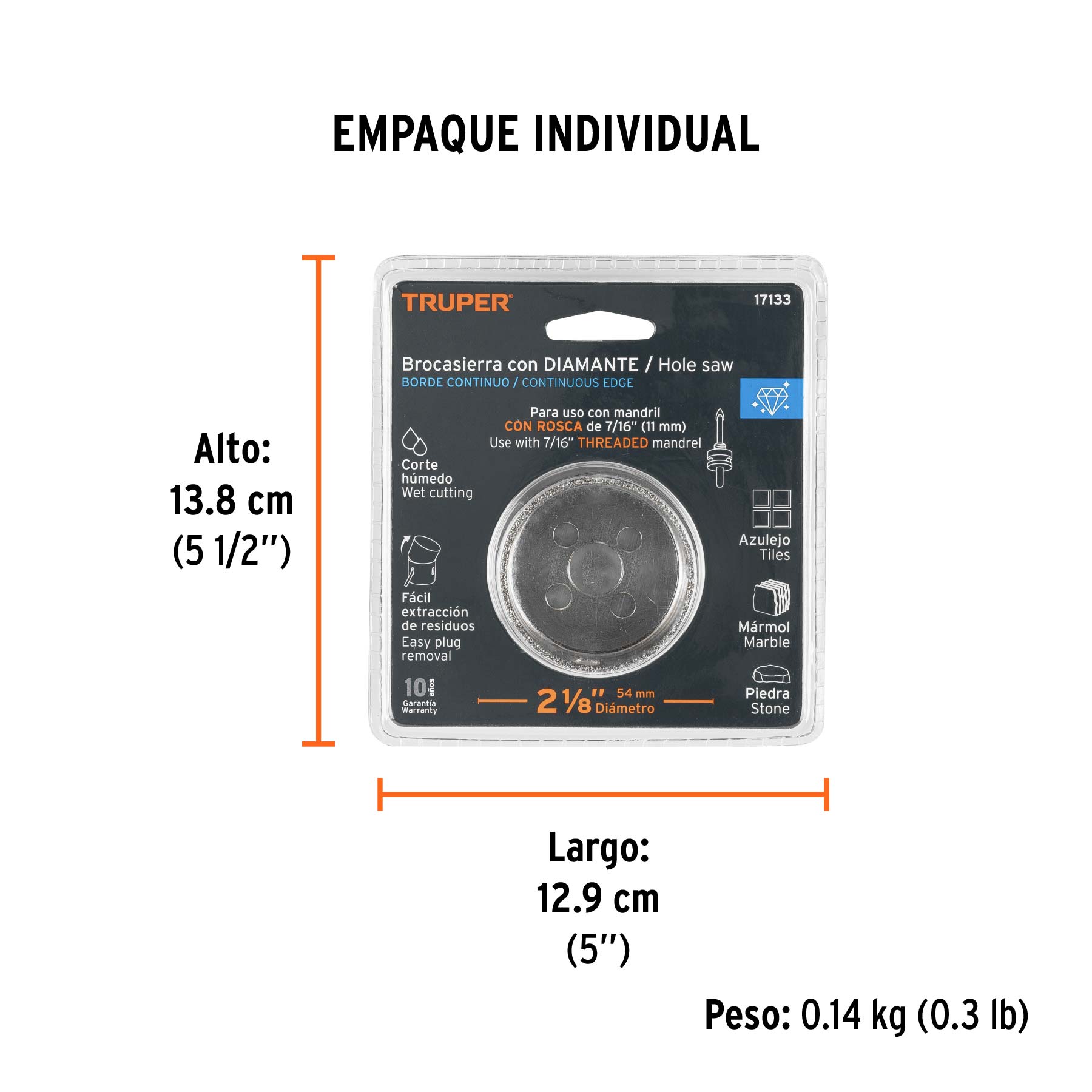 Brocasierra diamante 2-1/8" borde continuo, TRUPER - Empaque