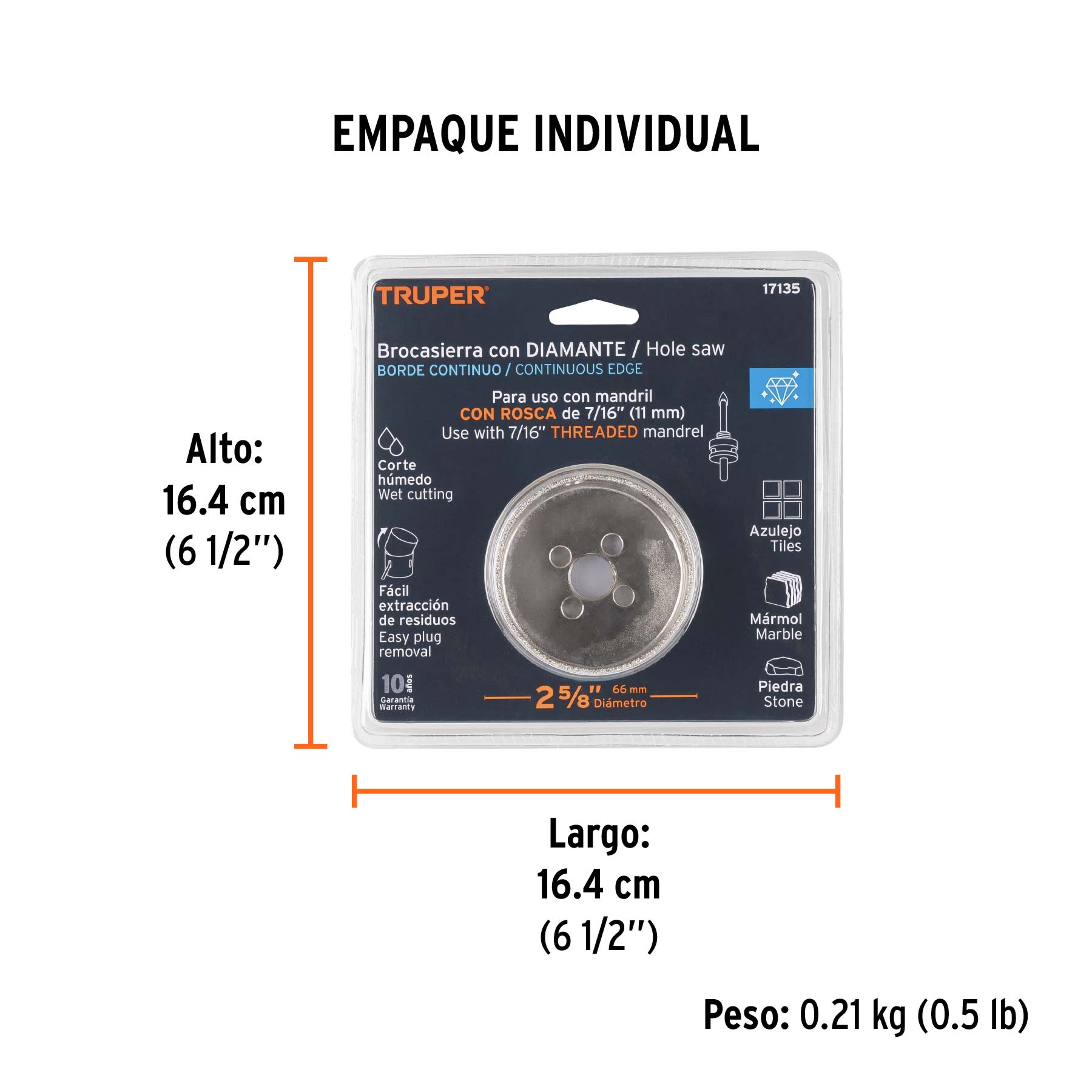 Brocasierra diamante 2-5/8" borde continuo, TRUPER - Empaque