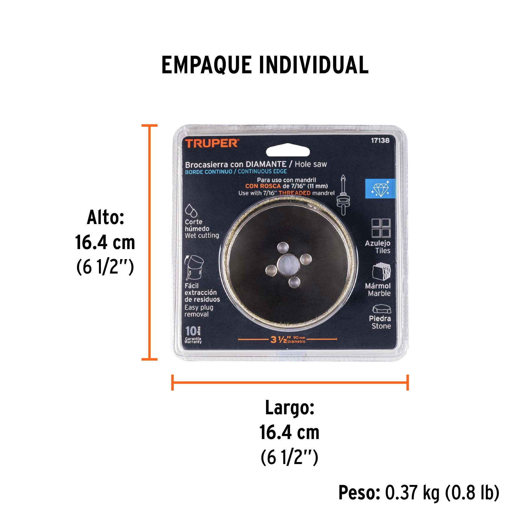 Brocasierra diamante 3-1/2" borde continuo, TRUPER - Empaque