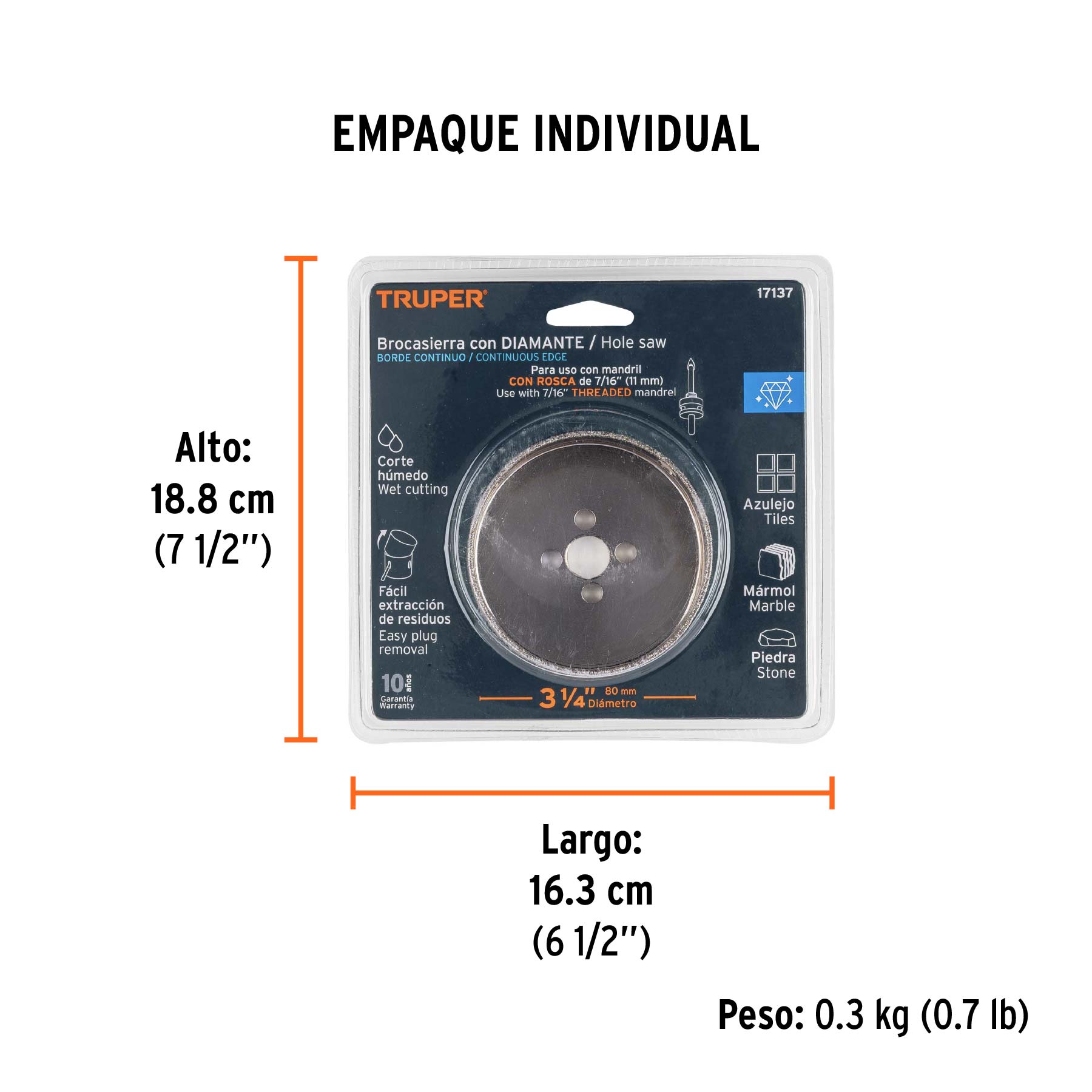 Brocasierra diamante 3-1/4" borde continuo, TRUPER - Empaque