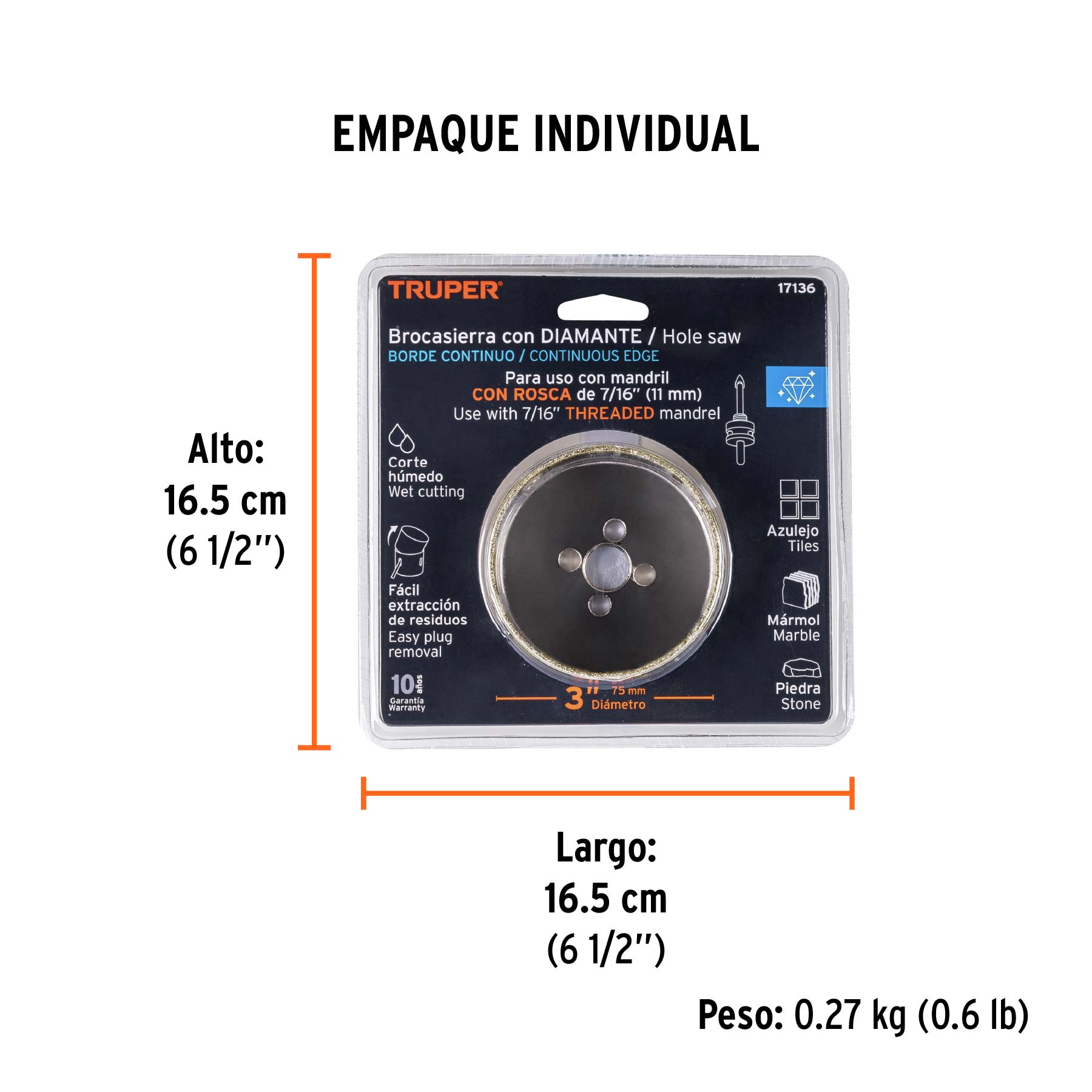 Brocasierra diamante 3" borde continuo, TRUPER - Empaque