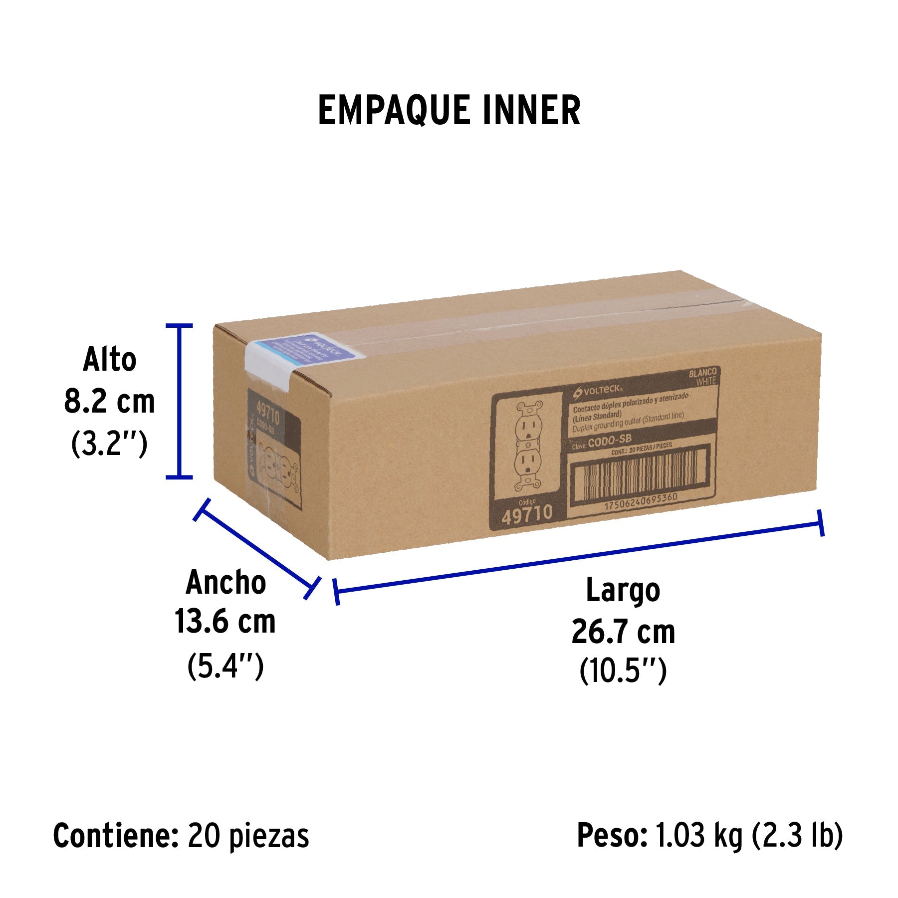 Contacto dúplex, 2 polos 3 hilos, Standard, blanco, VOLTECK - Empaque