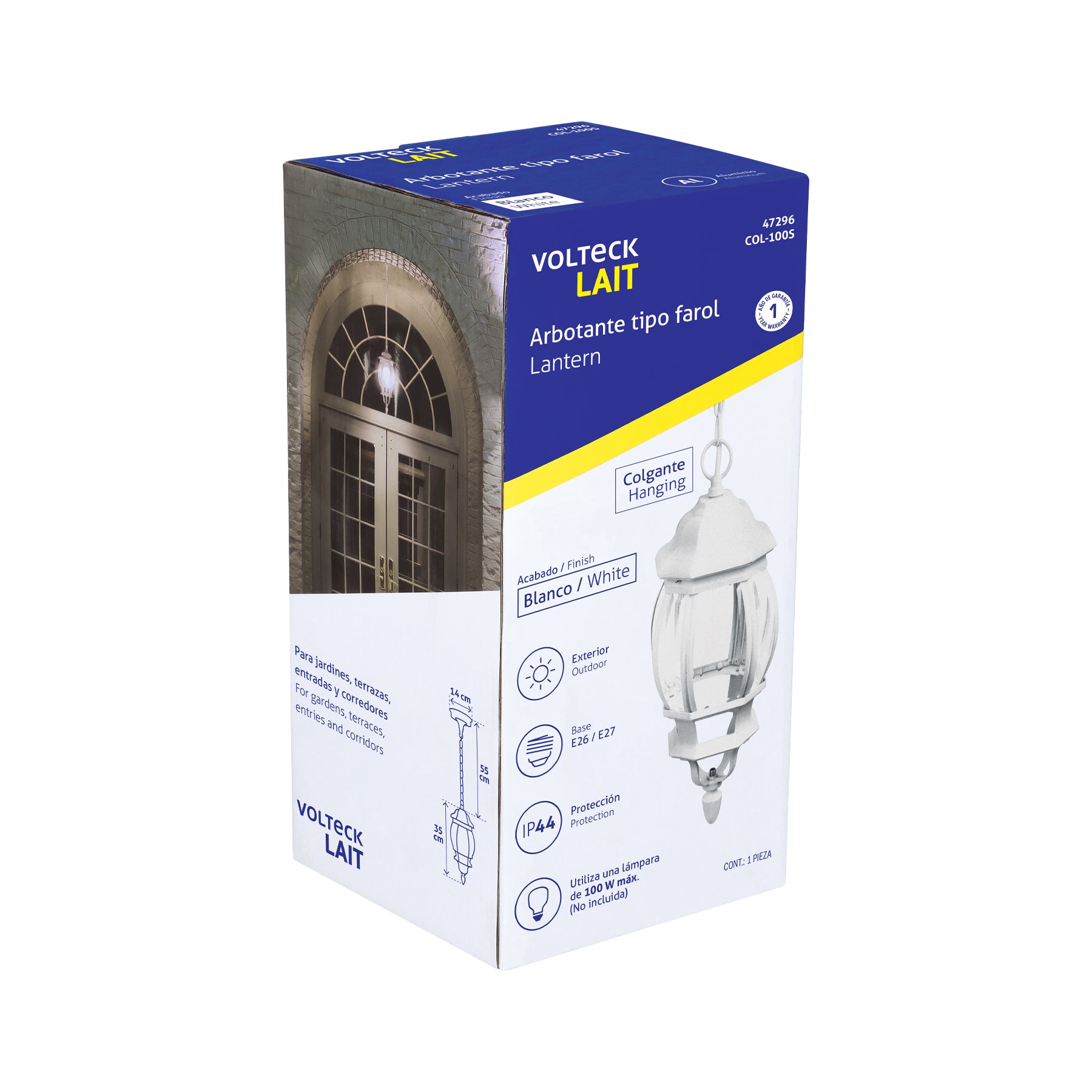 Arbotante tipo farol tradicional colgante p/exterior, blanco