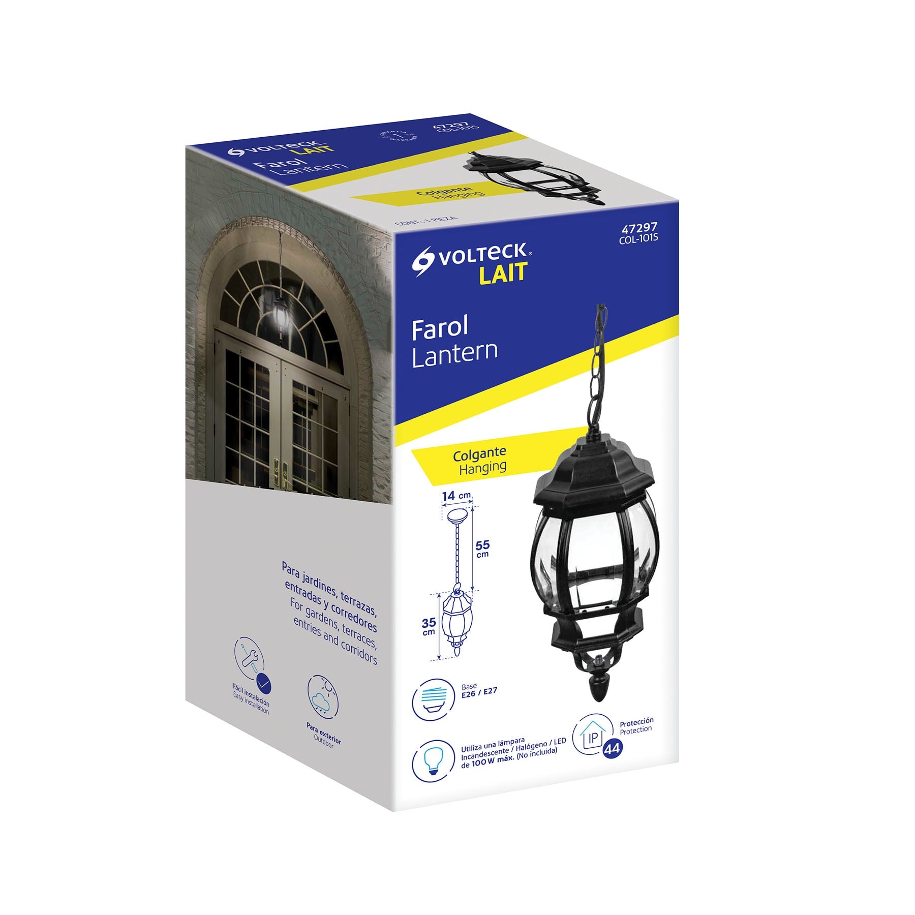 Arbotante tipo farol tradicional colgante p/exterior, negro