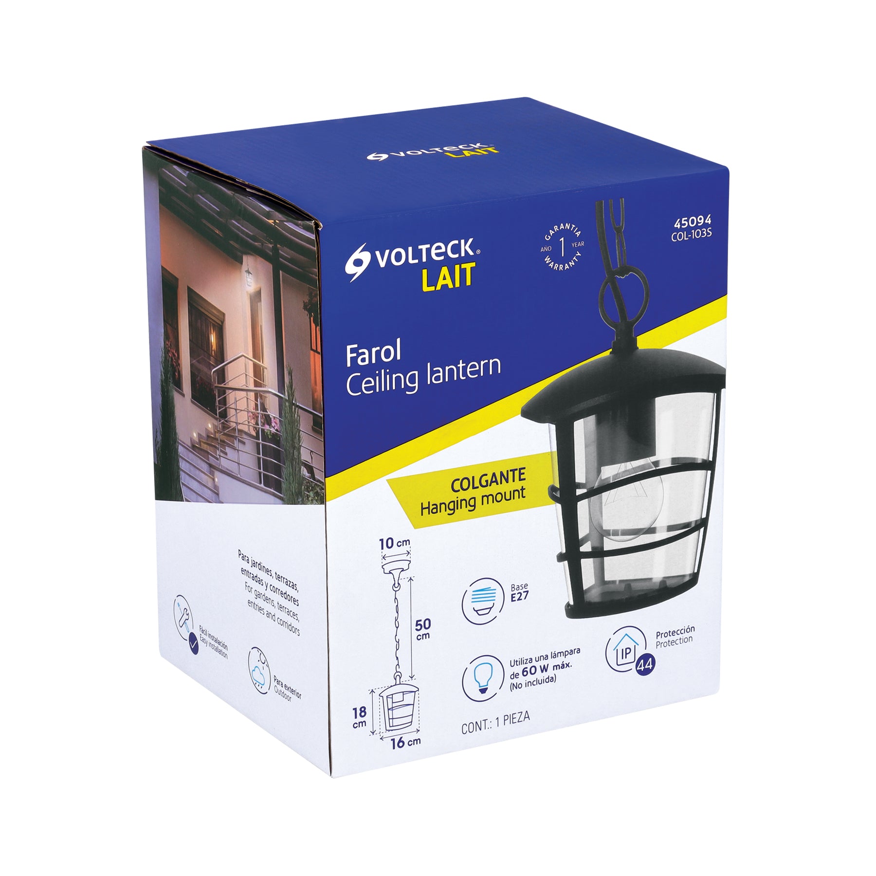 Arbotante tipo farol moderno colgante para exteriores, negro