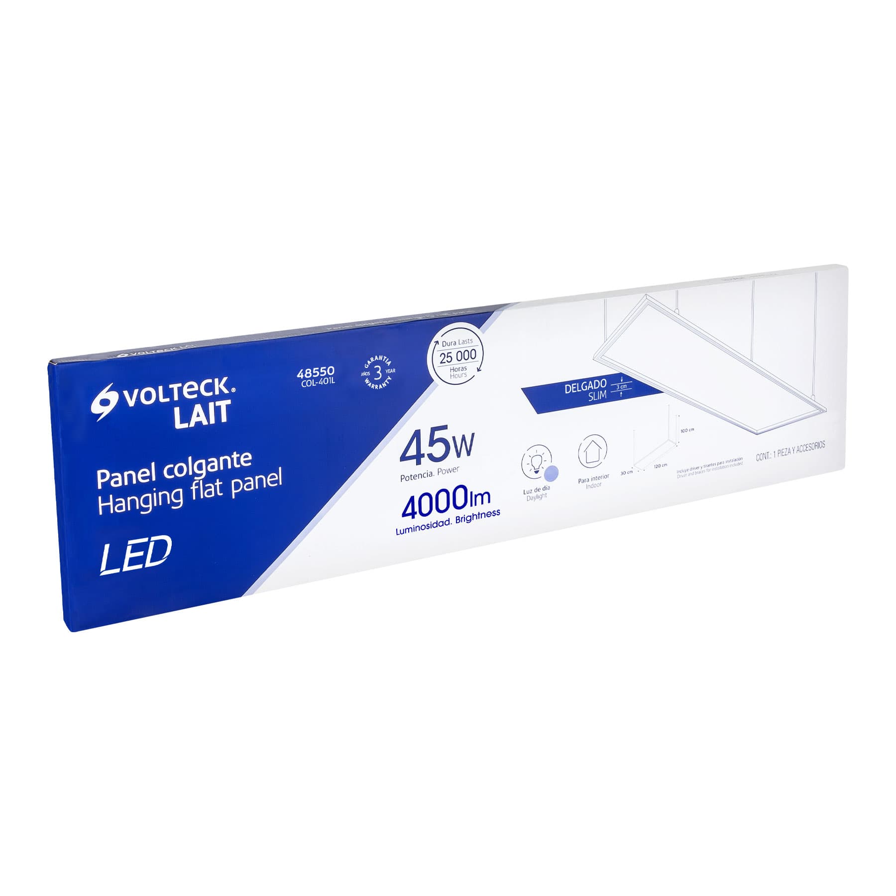 Panel LED 45W 6500K, 30x120 cm, empotrable/colgante, VOLTECK