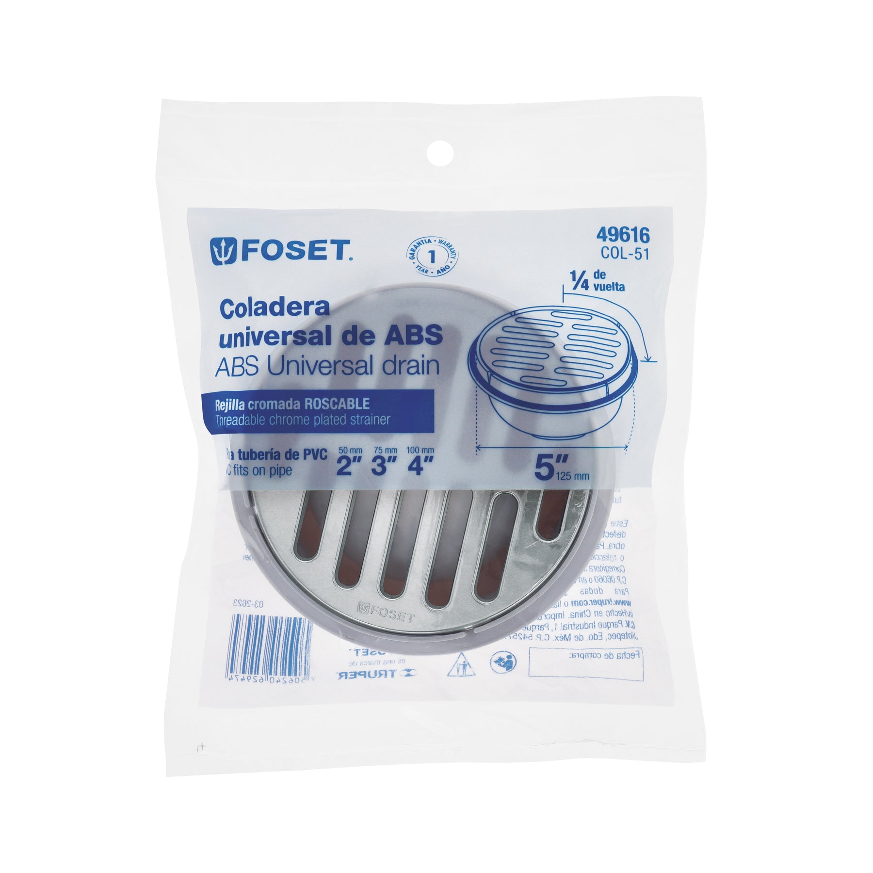 Coladera 5" universal,ABS, rejilla cromada 1/4 vuelta, FOSET
