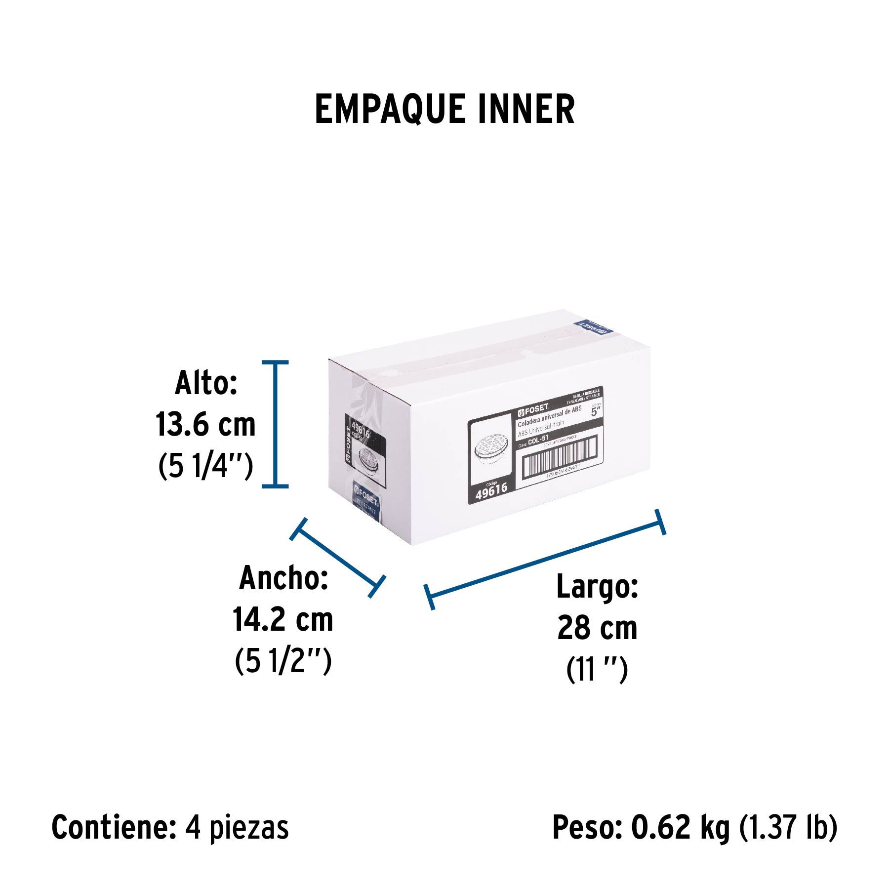 Coladera 5" universal,ABS, rejilla cromada 1/4 vuelta, FOSET - Empaque