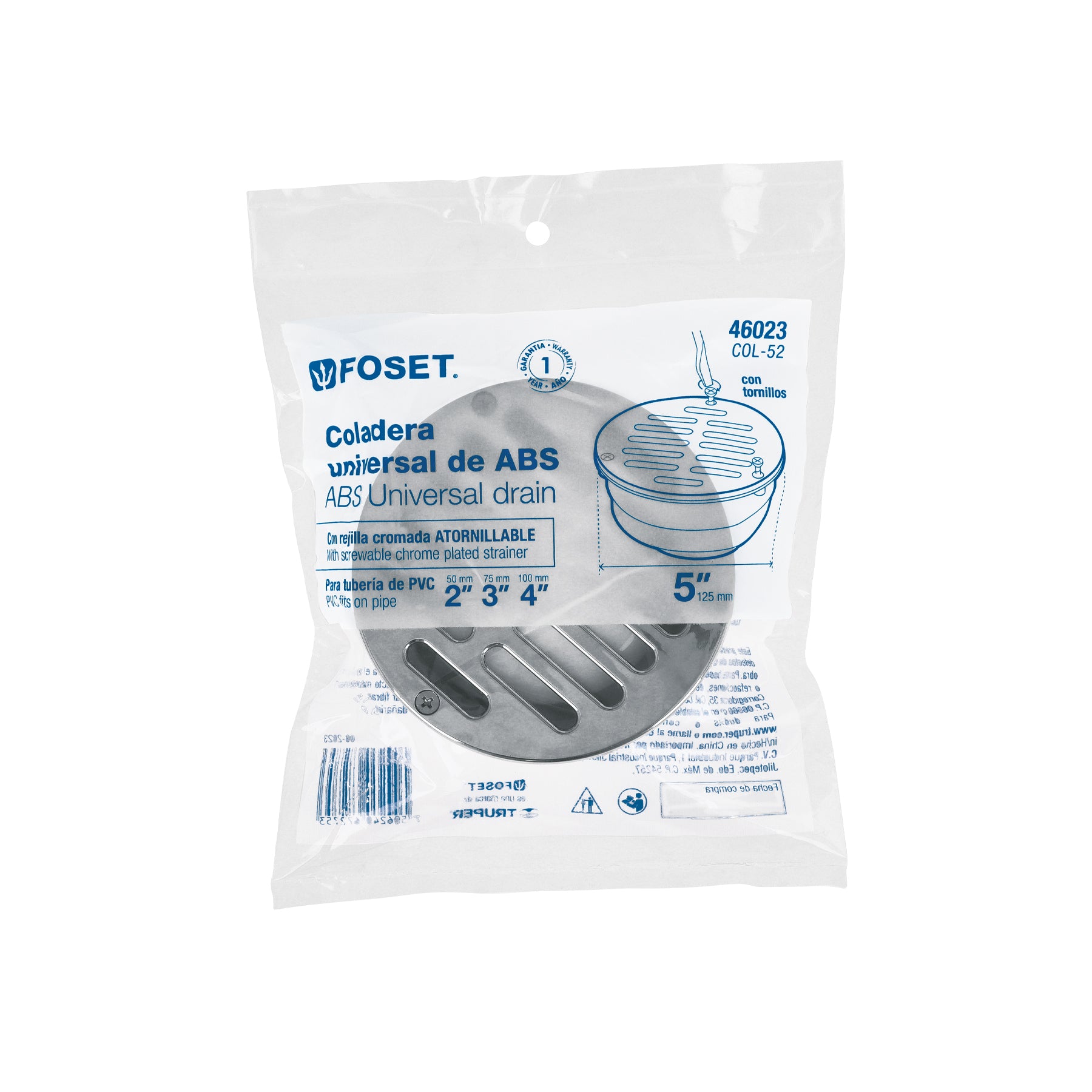 Coladera 5" universal,ABS,rejilla cromada 3 tornillos, FOSET