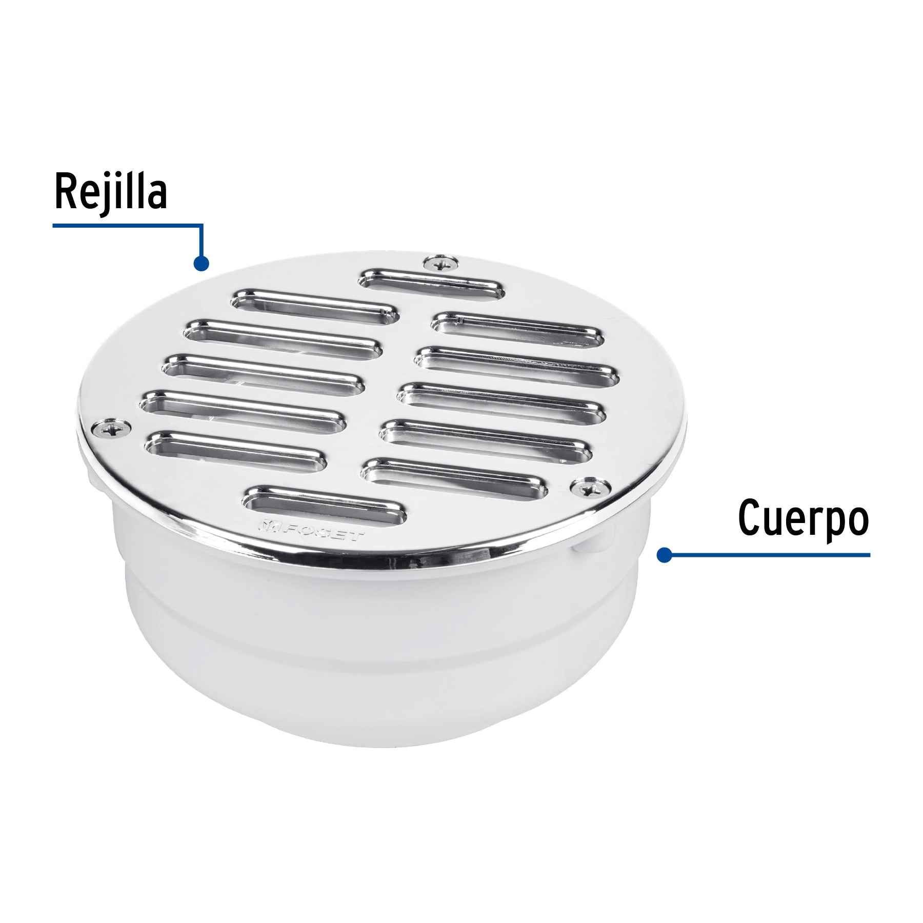 Coladera 5" universal,ABS,rejilla cromada 3 tornillos, FOSET
