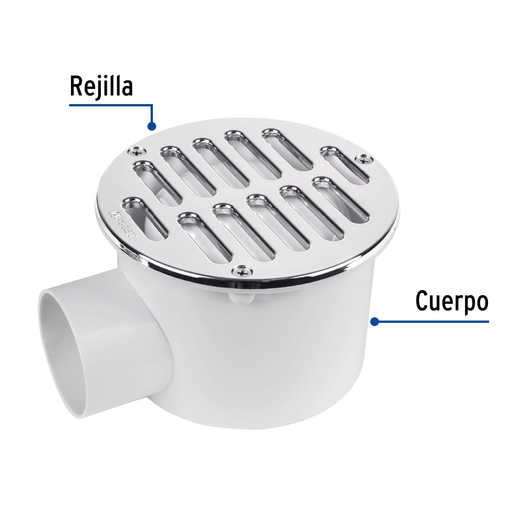 Coladera 5" salida lateral, ABS, rejilla cromada 3 tornillos