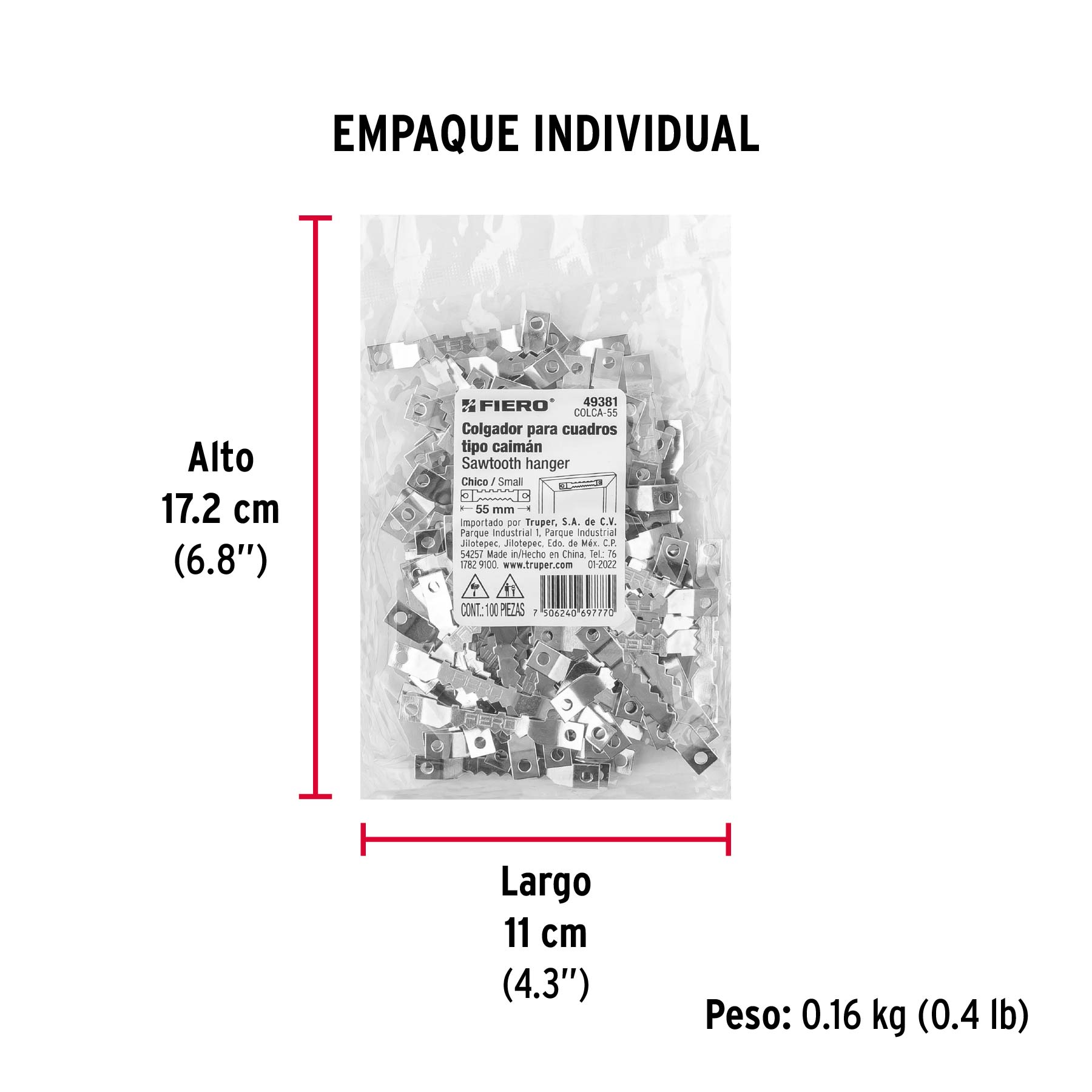 Bolsa con 100 colgadores de 55 mm tipo caimán, FIERO - Empaque