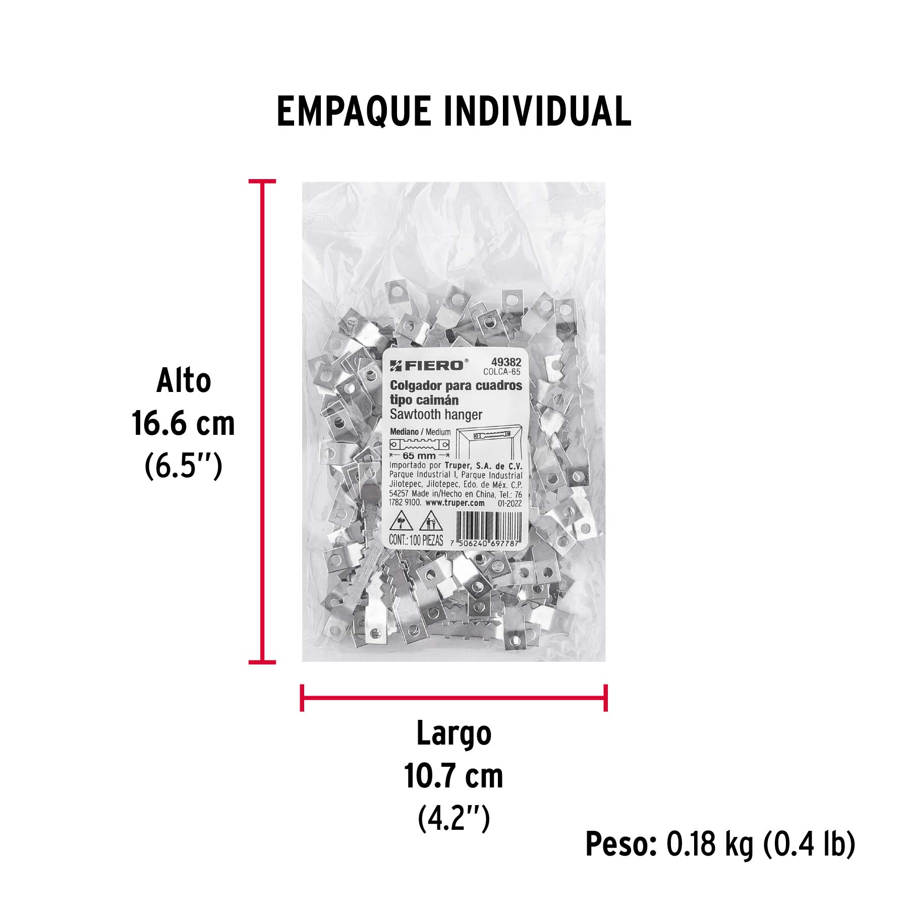Bolsa con 100 colgadores de 65 mm tipo caimán, FIERO - Empaque