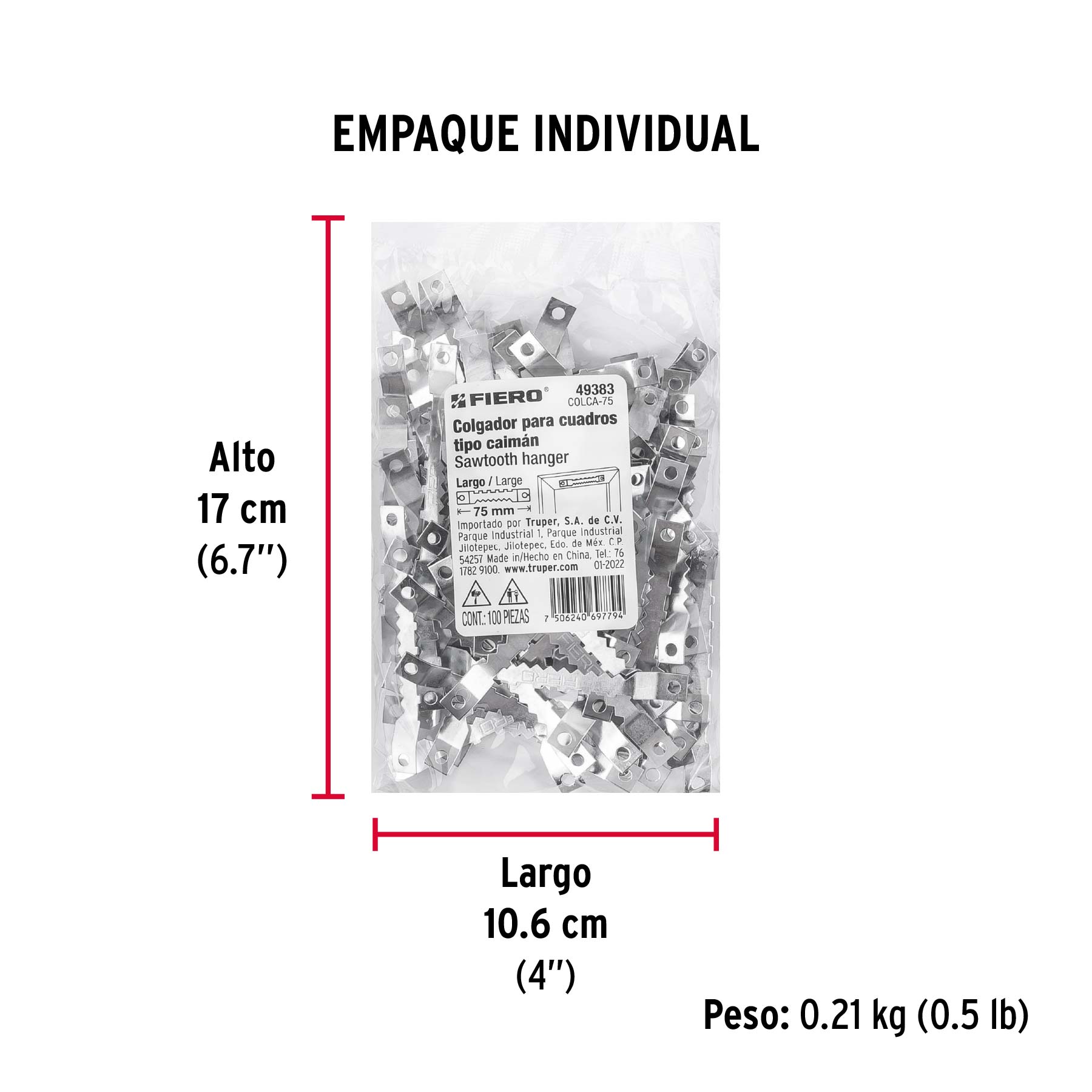 Bolsa con 100 colgadores de 75 mm tipo caimán, FIERO - Empaque