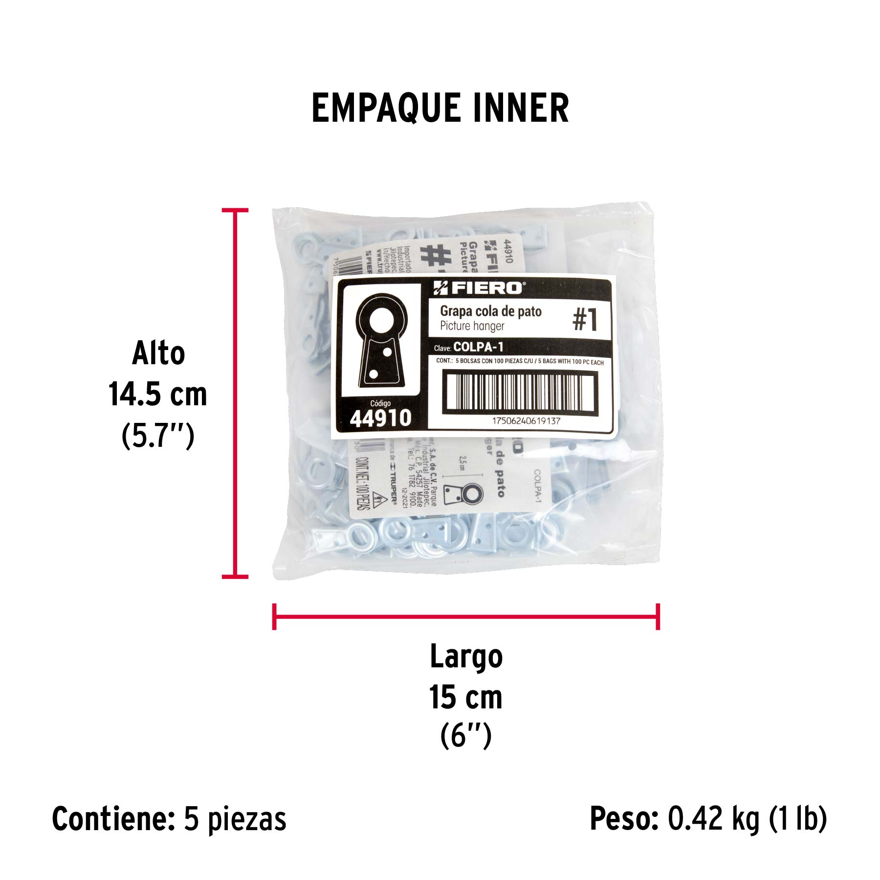Bolsa con 100 colas de pato #1, 2.5 cm altura, 6.3 mm ojillo - Empaque