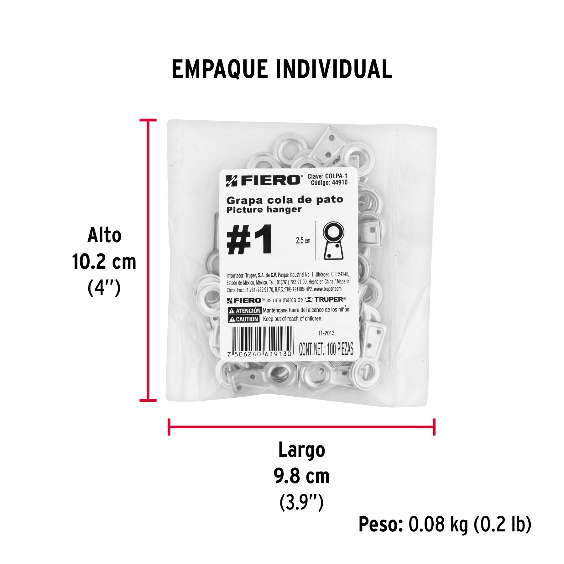 Bolsa con 100 colas de pato #1, 2.5 cm altura, 6.3 mm ojillo - Empaque