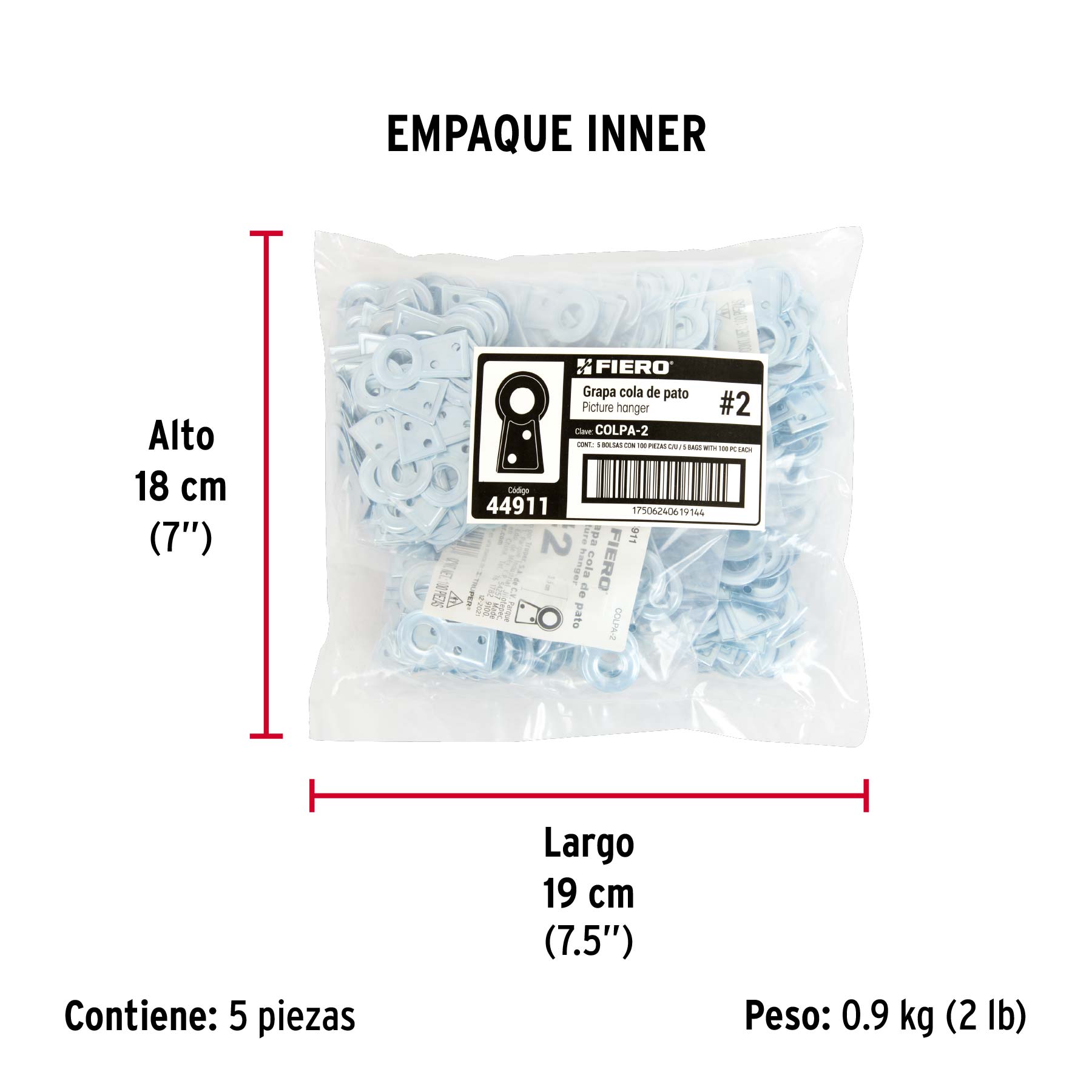 Bolsa con 100 colas de pato #2, 3.5 cm altura, 9 mm ojillo - Empaque