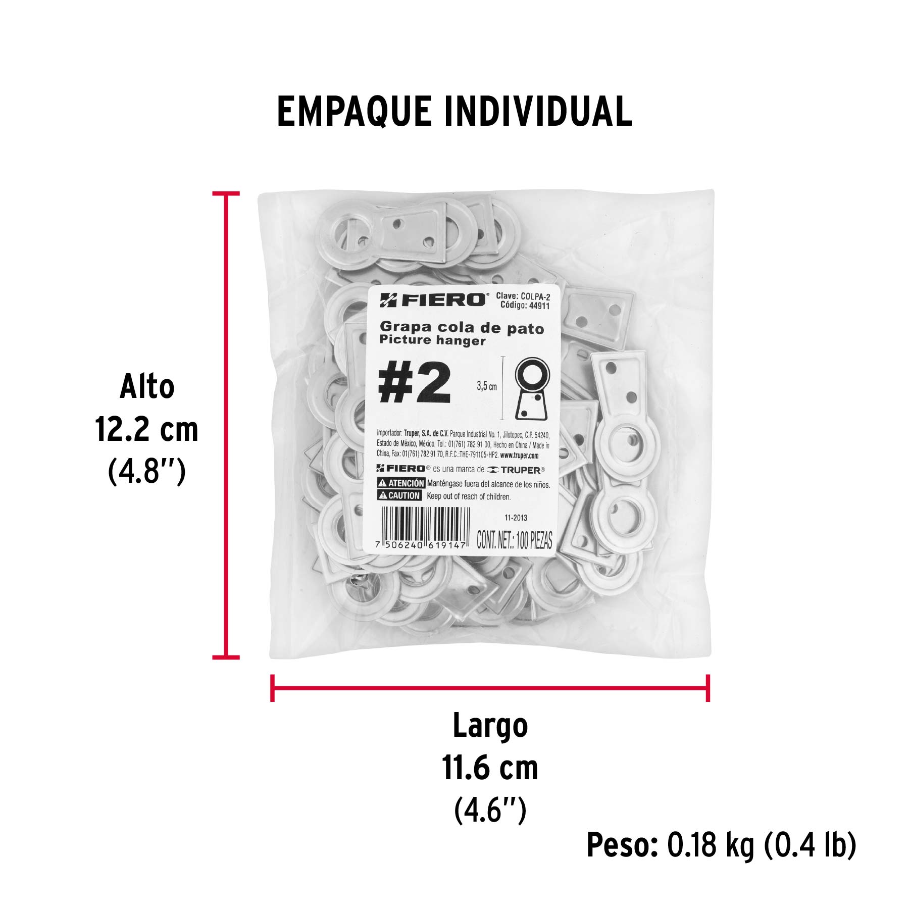 Bolsa con 100 colas de pato #2, 3.5 cm altura, 9 mm ojillo - Empaque