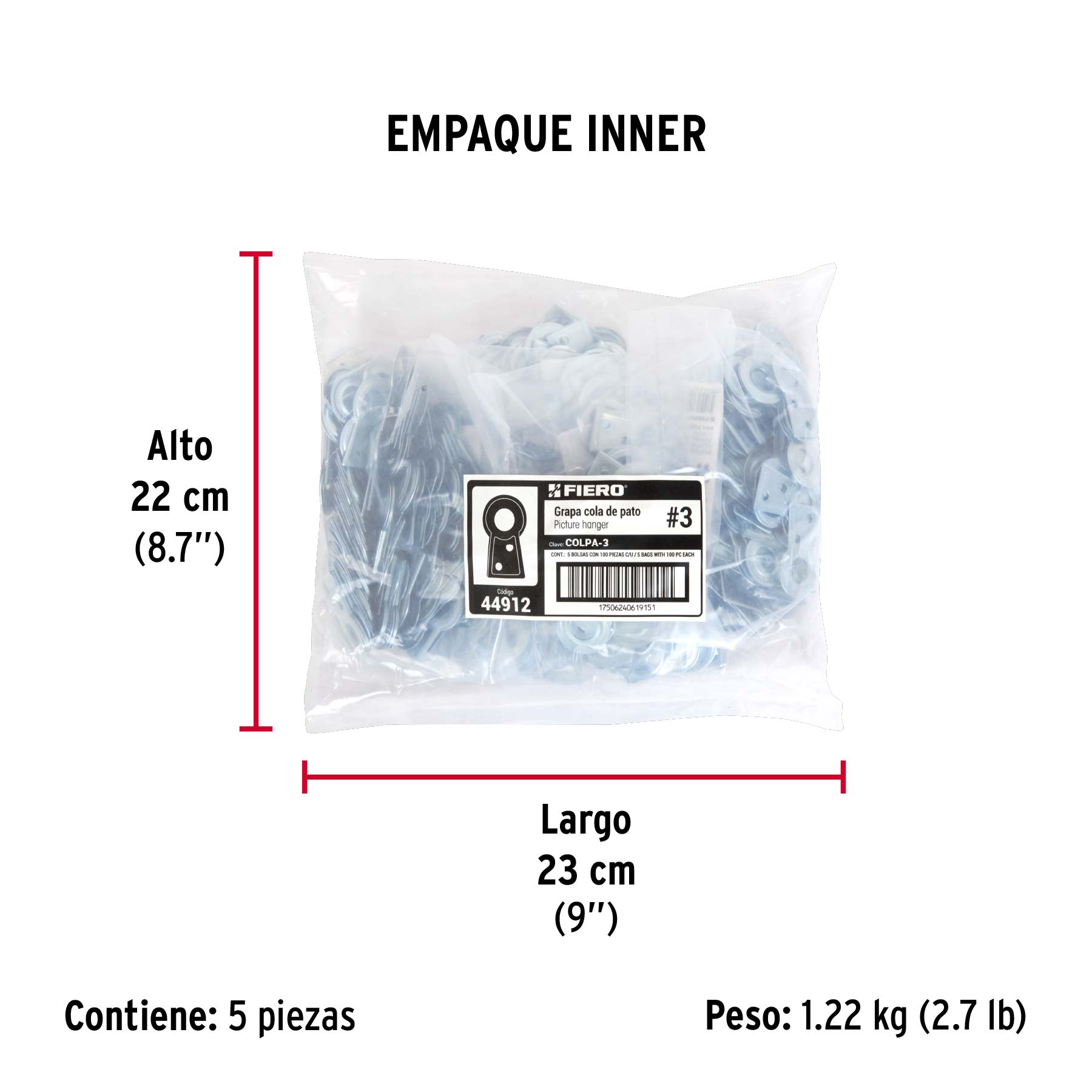 Bolsa con 100 colas de pato #3, 4 cm altura, 11.2 mm ojillo - Empaque