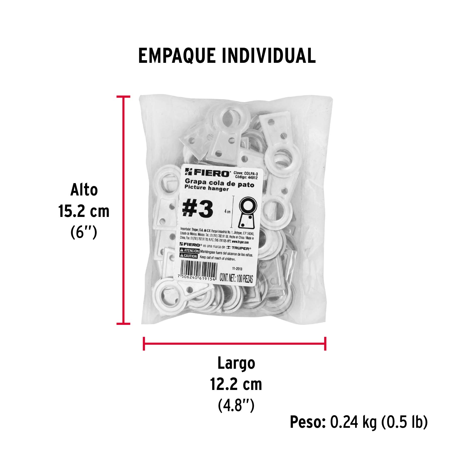 Bolsa con 100 colas de pato #3, 4 cm altura, 11.2 mm ojillo - Empaque