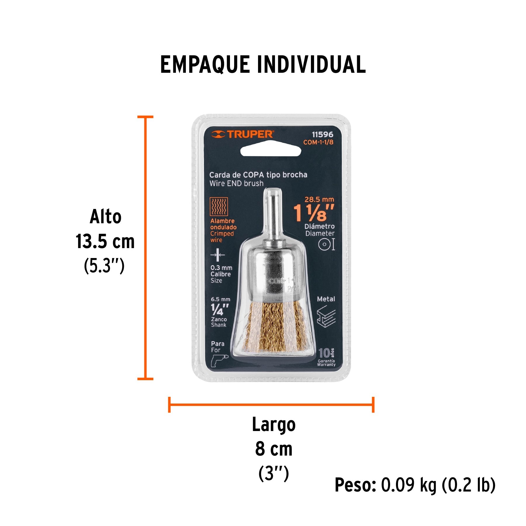 Carda tipo brocha 1-1/8" alambre grueso para taladro, TRUPER - Empaque