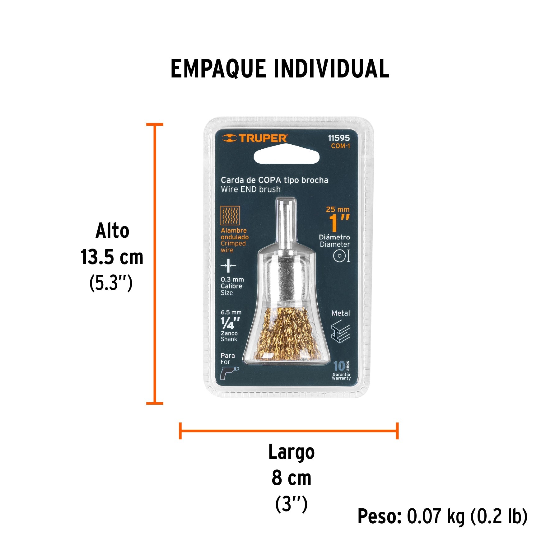 Carda tipo brocha 1" alambre grueso para taladro, TRUPER - Empaque