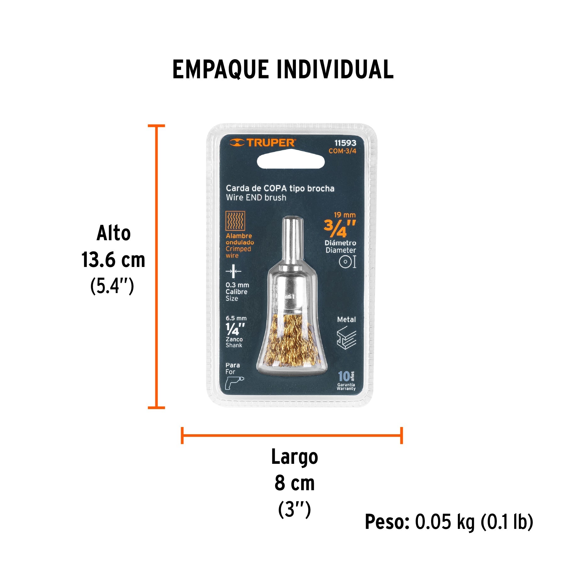 Carda tipo brocha 3/4" alambre grueso para taladro, TRUPER - Empaque