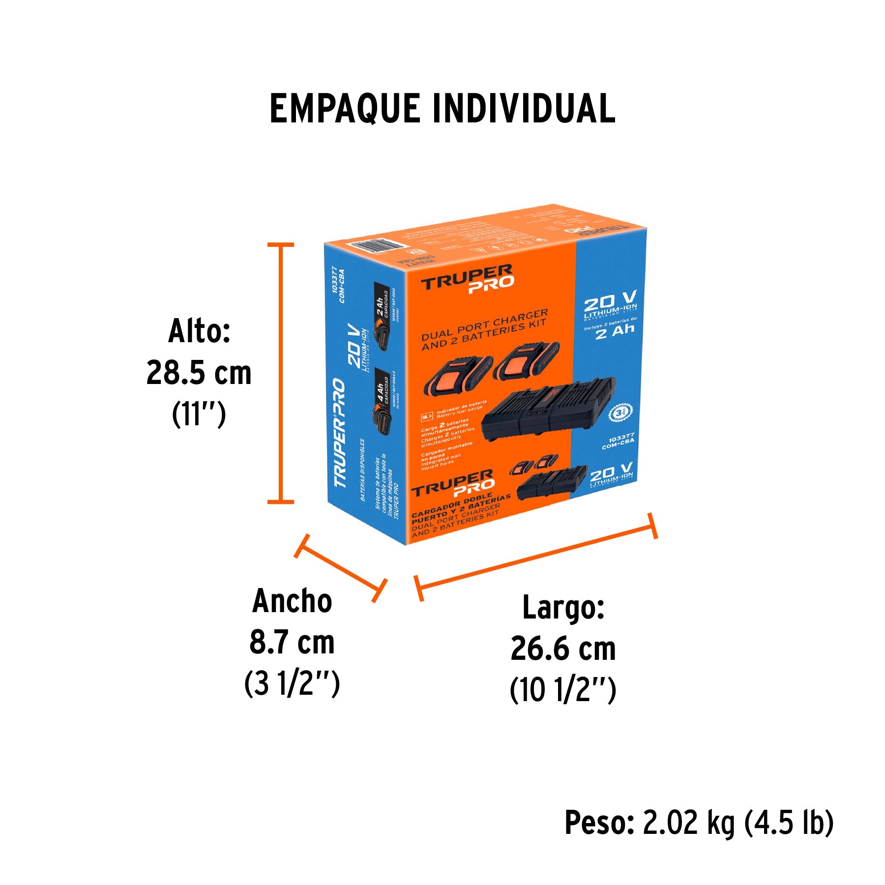 Combo cargador dual con 2 baterías de 2Ah, 20V, TRUPER PRO - Empaque