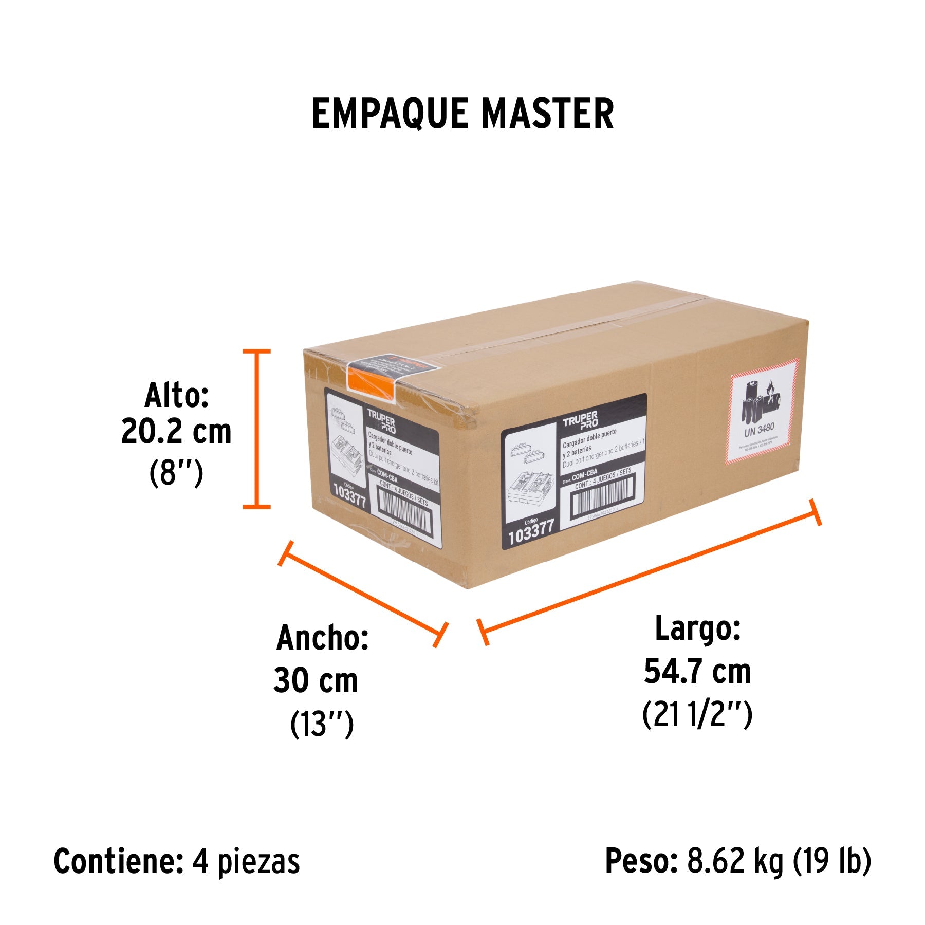 Combo cargador dual con 2 baterías de 2Ah, 20V, TRUPER PRO - Empaque