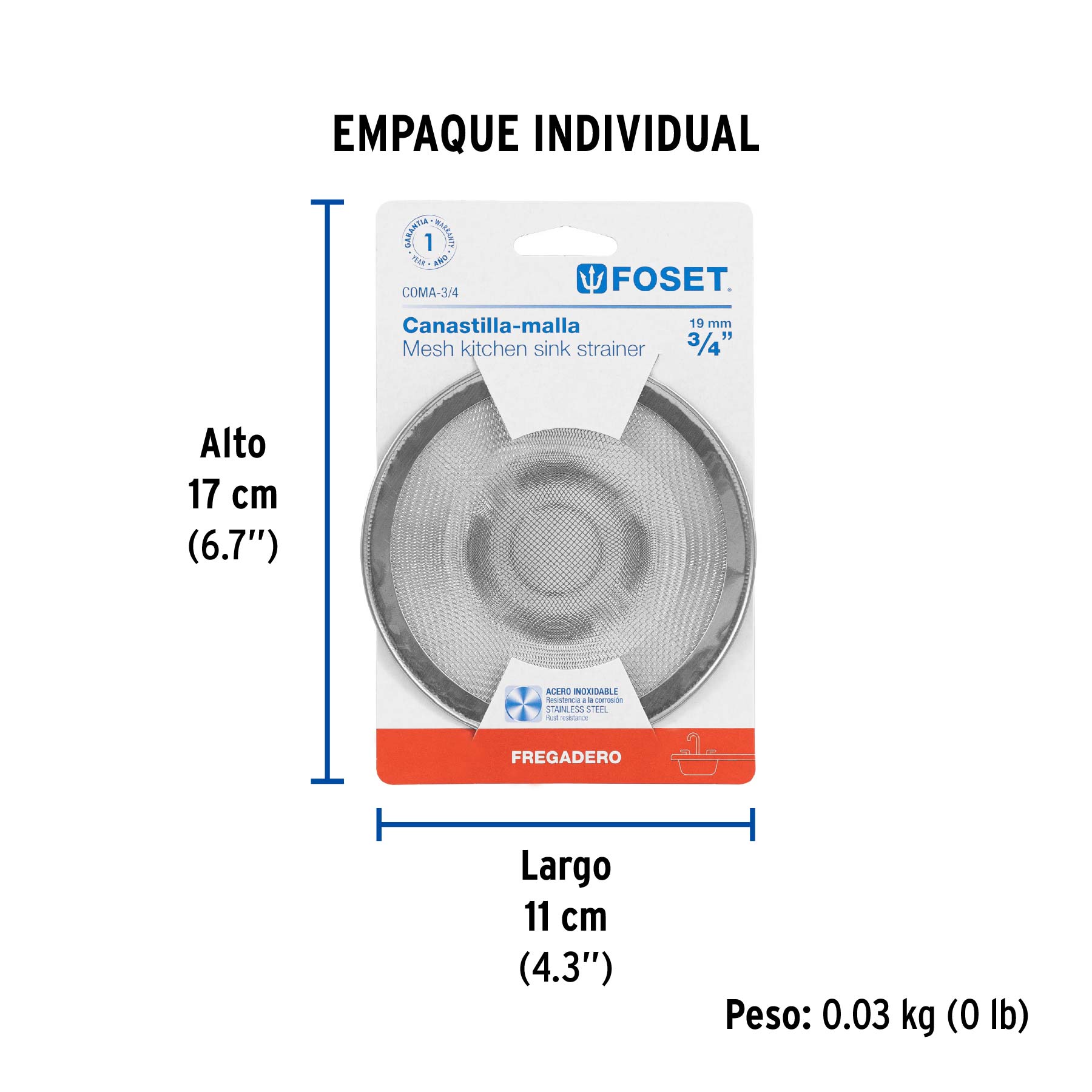 Canastilla malla 3/4" inox para fregadero, FOSET - Empaque