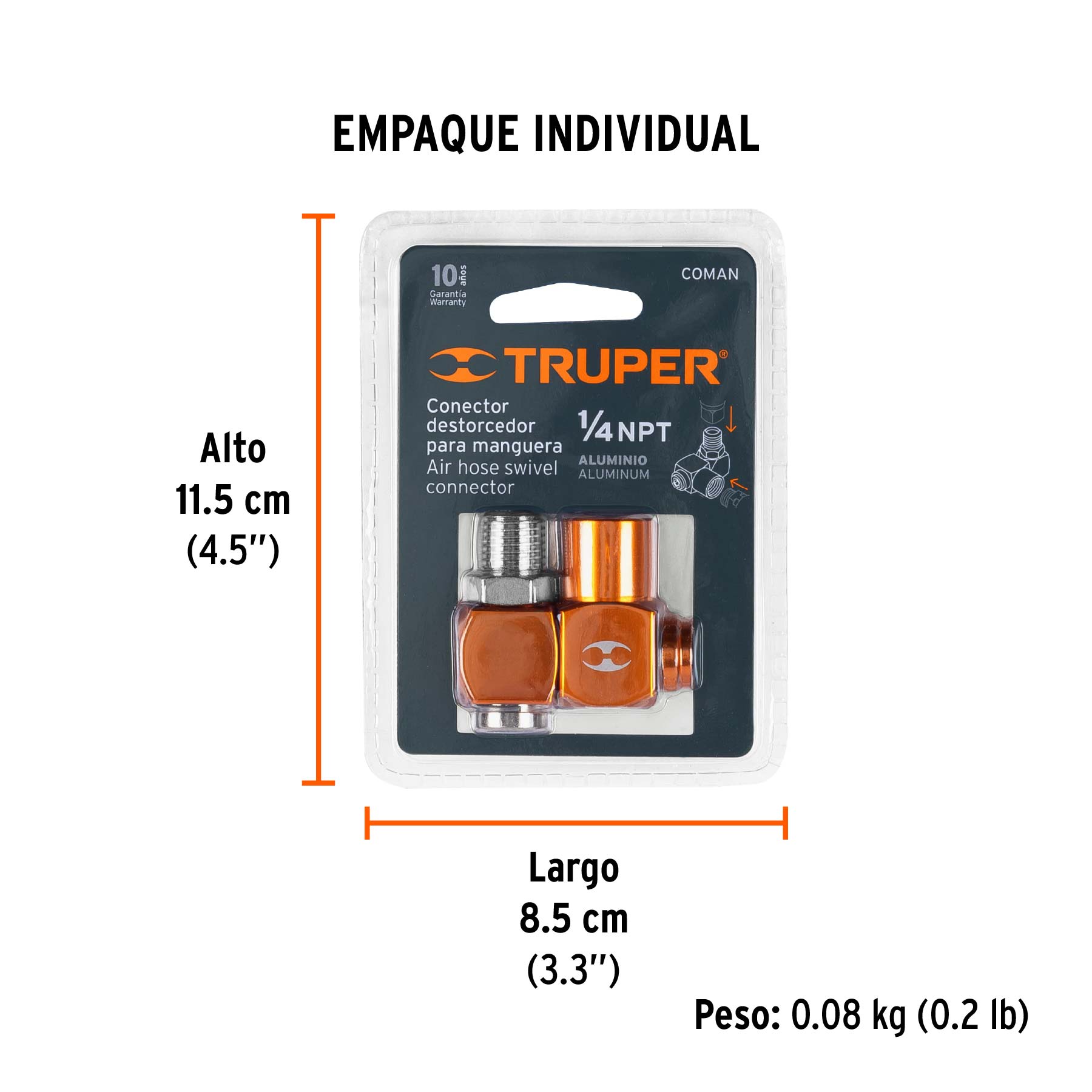 Destorcedor de aluminio, macho-hembra, cuerda 1/4"NPT,TRUPER - Empaque