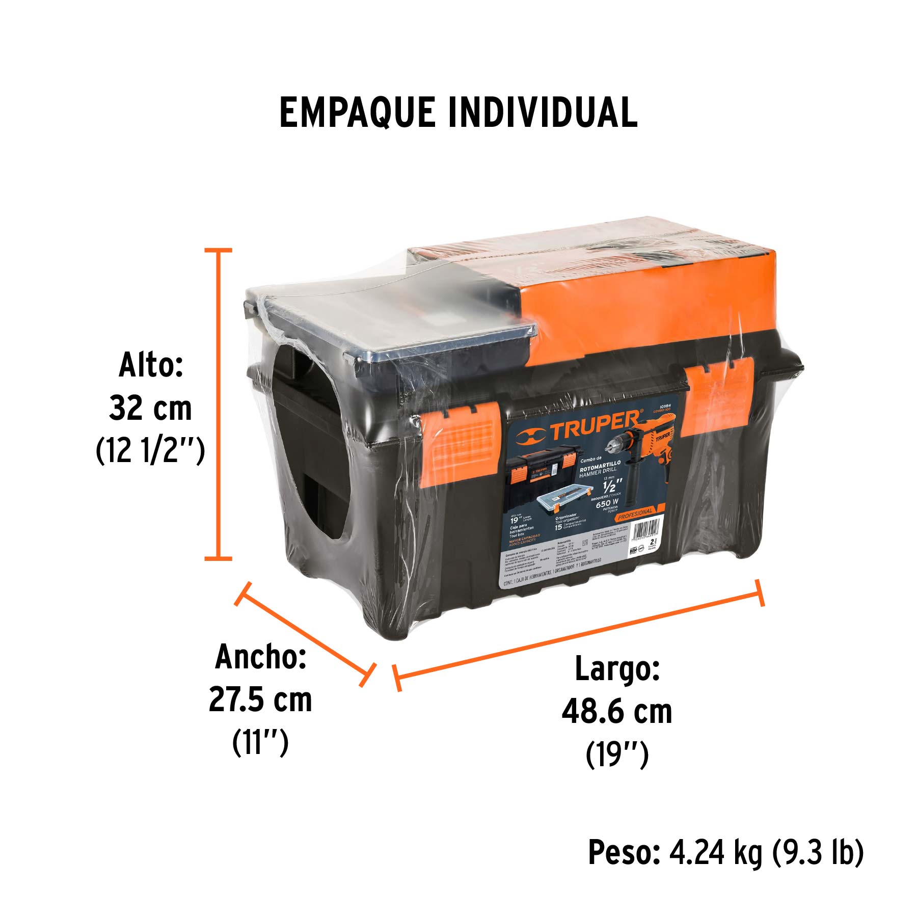 Rotomartillo/destornillador 1/2" 650W,caja herramienta y org - Empaque