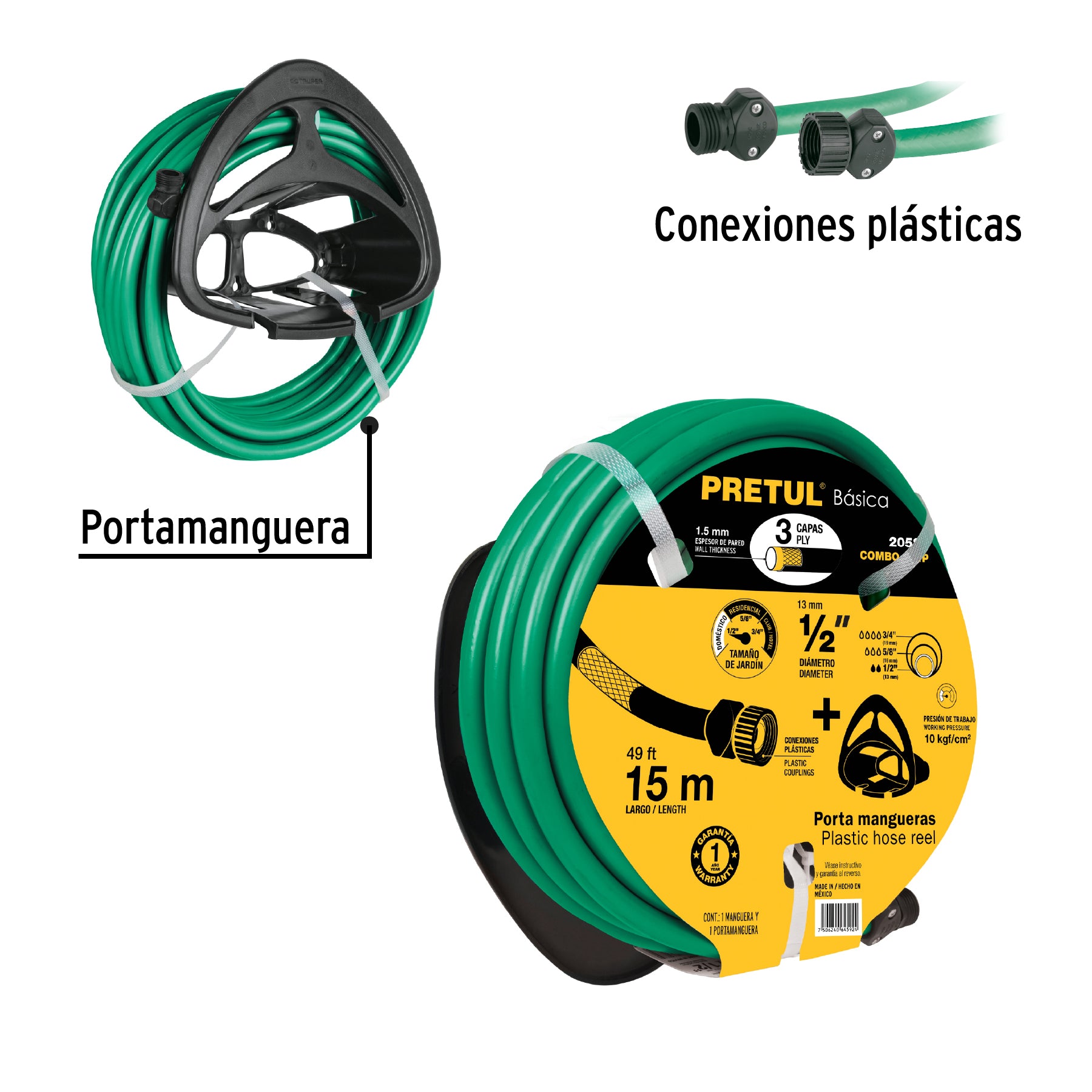 Combo manguera MAN-15X1/2P y portamanguera negro, PRETUL