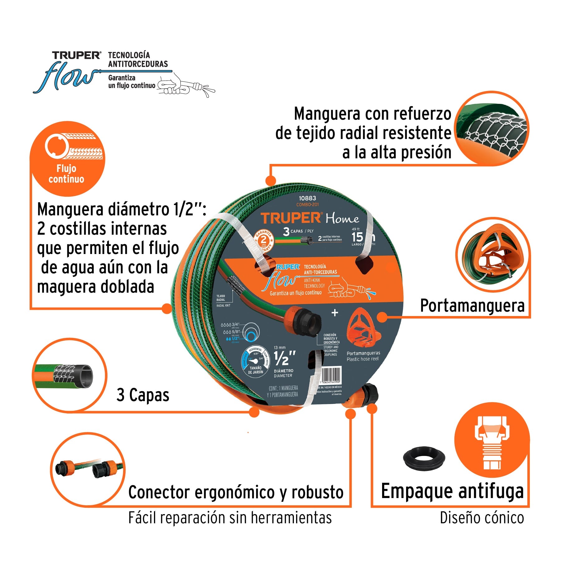 Combo manguera MAN-15X1/2RE y portamanguera GAN-MA, TRUPER