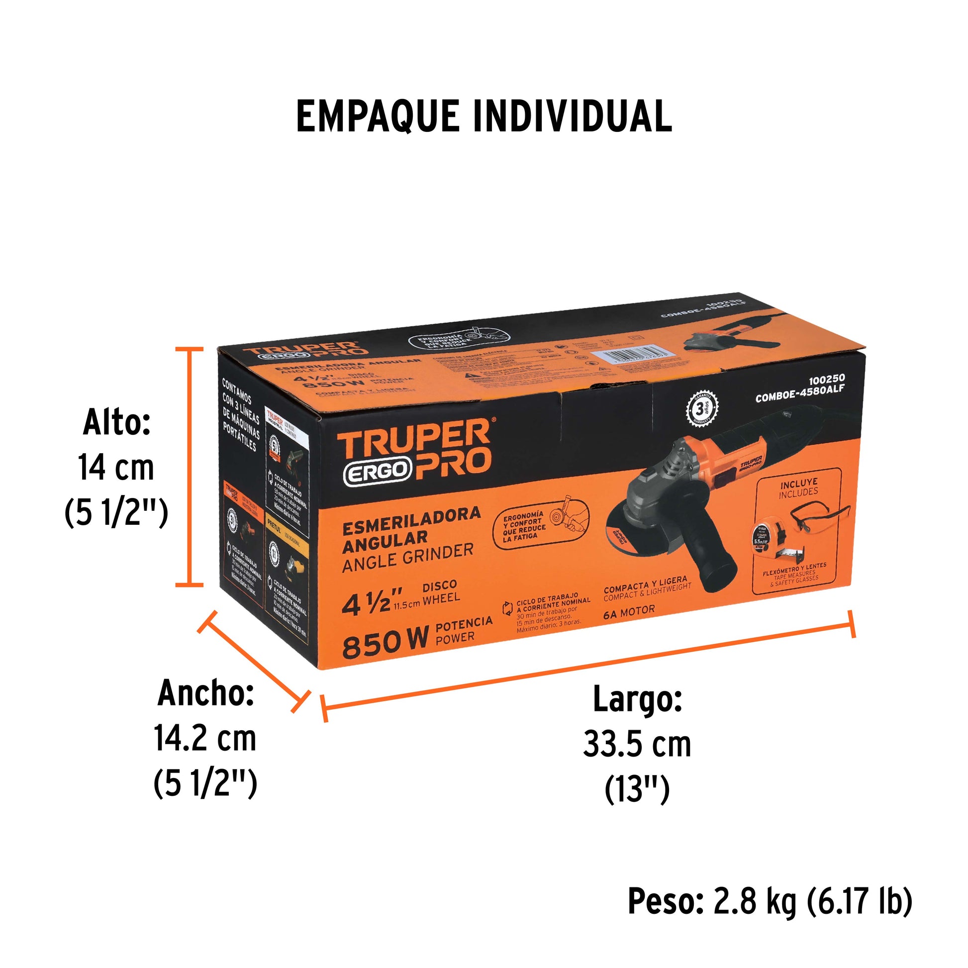 Combo esmeriladora 4-1/2", 850W,lentes y flexómetro,ERGO-PRO - Empaque