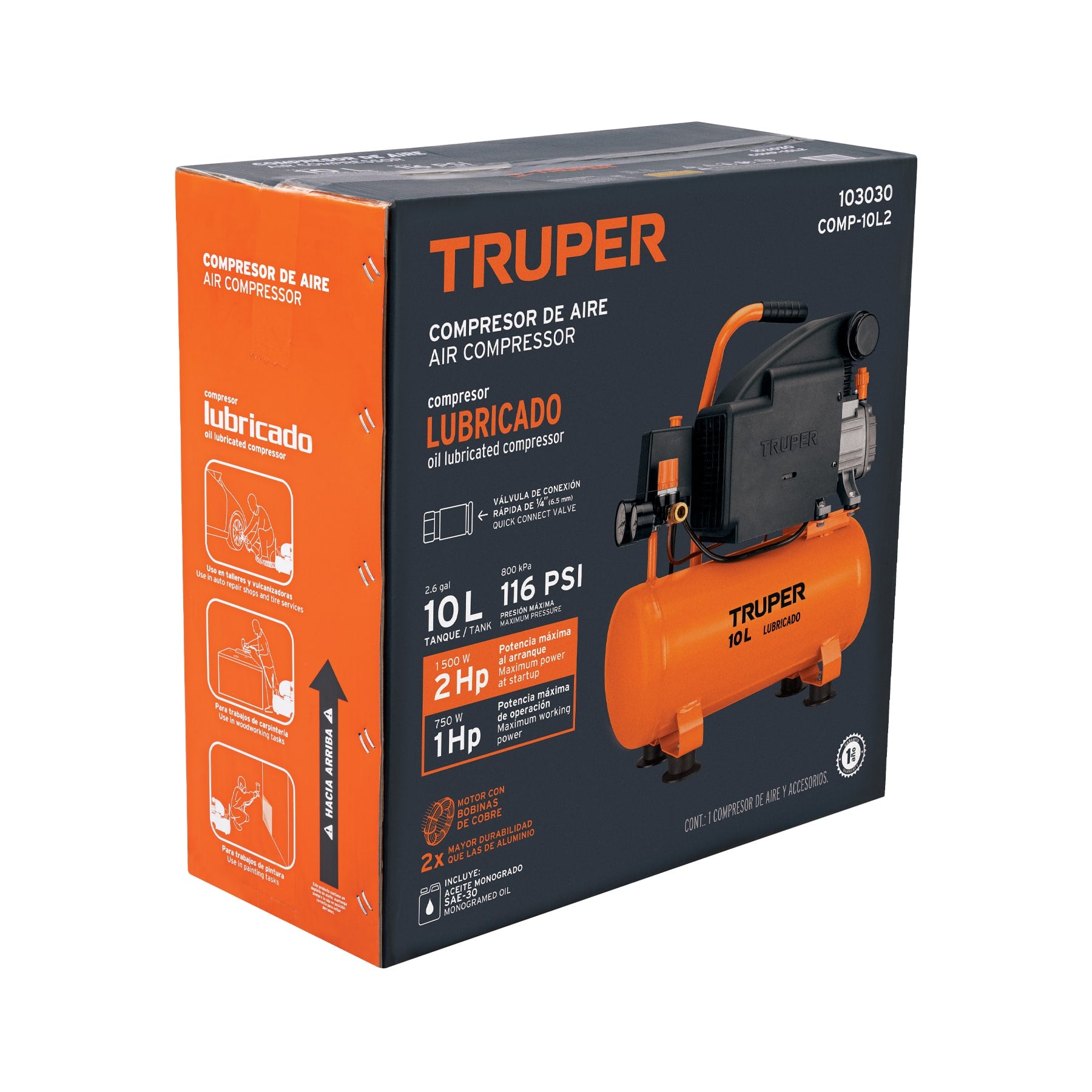 Compresor lubricado, 10L, 2 HP, horizontal, 127V, TRUPER