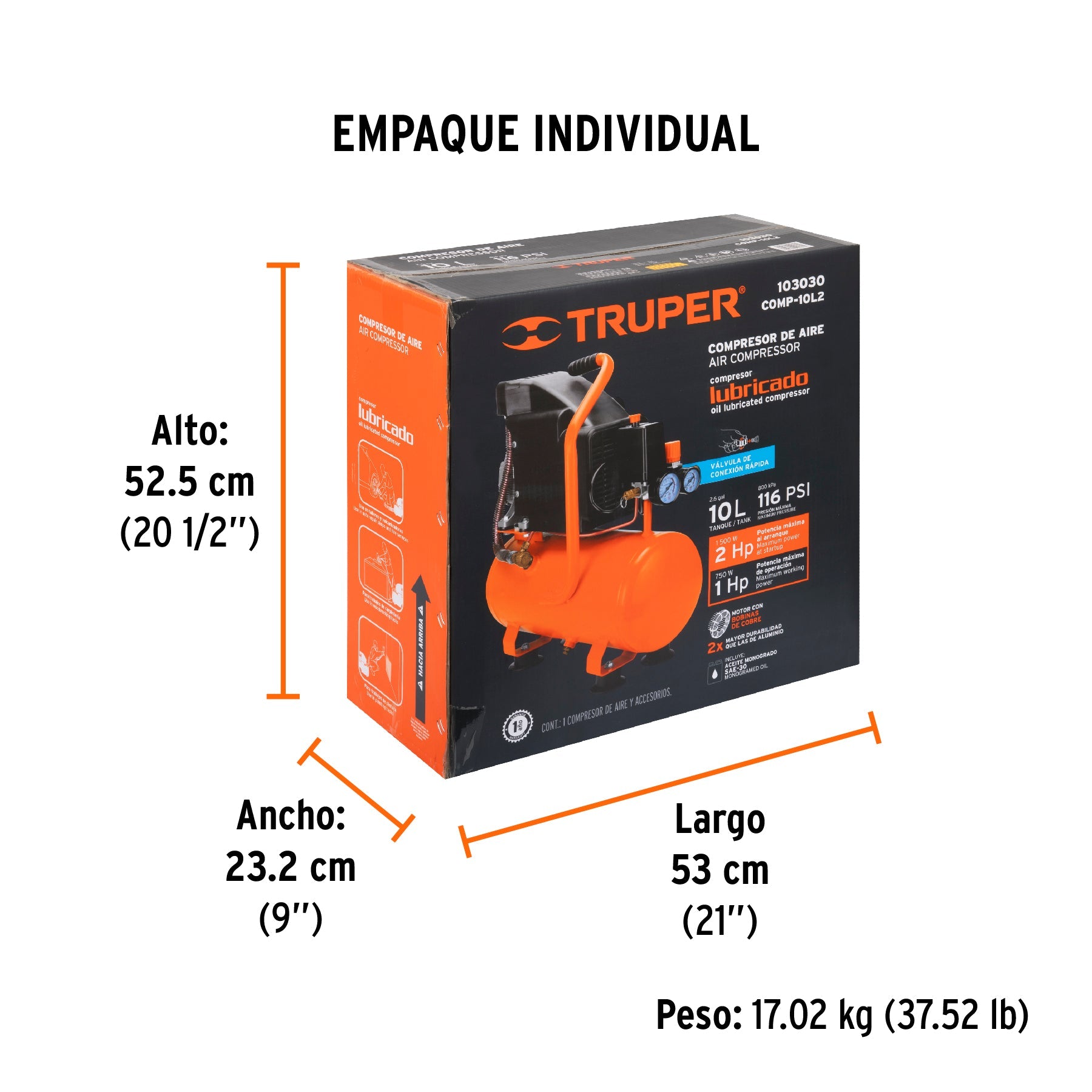 Compresor lubricado, 10L, 2 HP, horizontal, 127V, TRUPER - Empaque