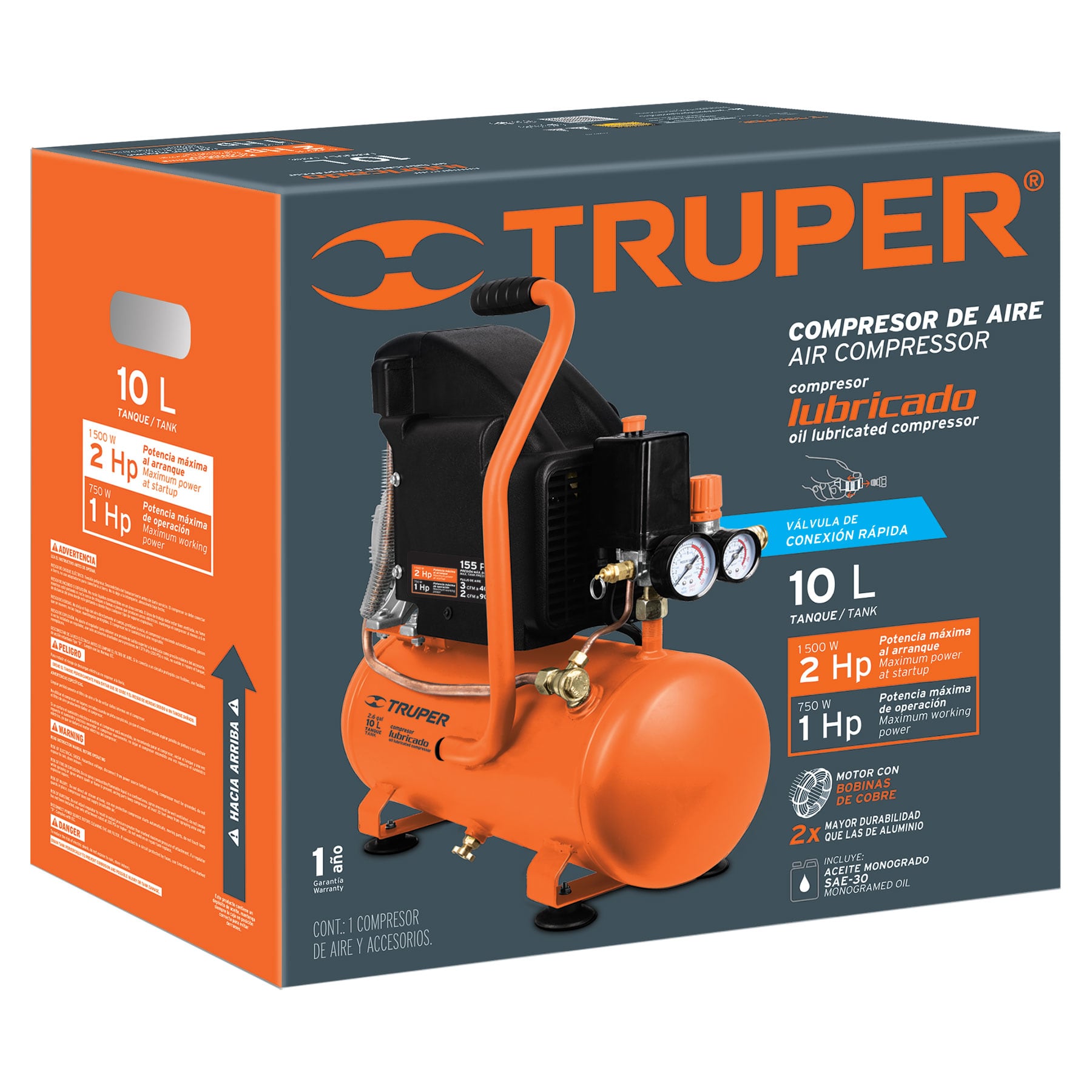 Compresor de aire, lubricado, horizontal 10L 2HP 127V TRUPER
