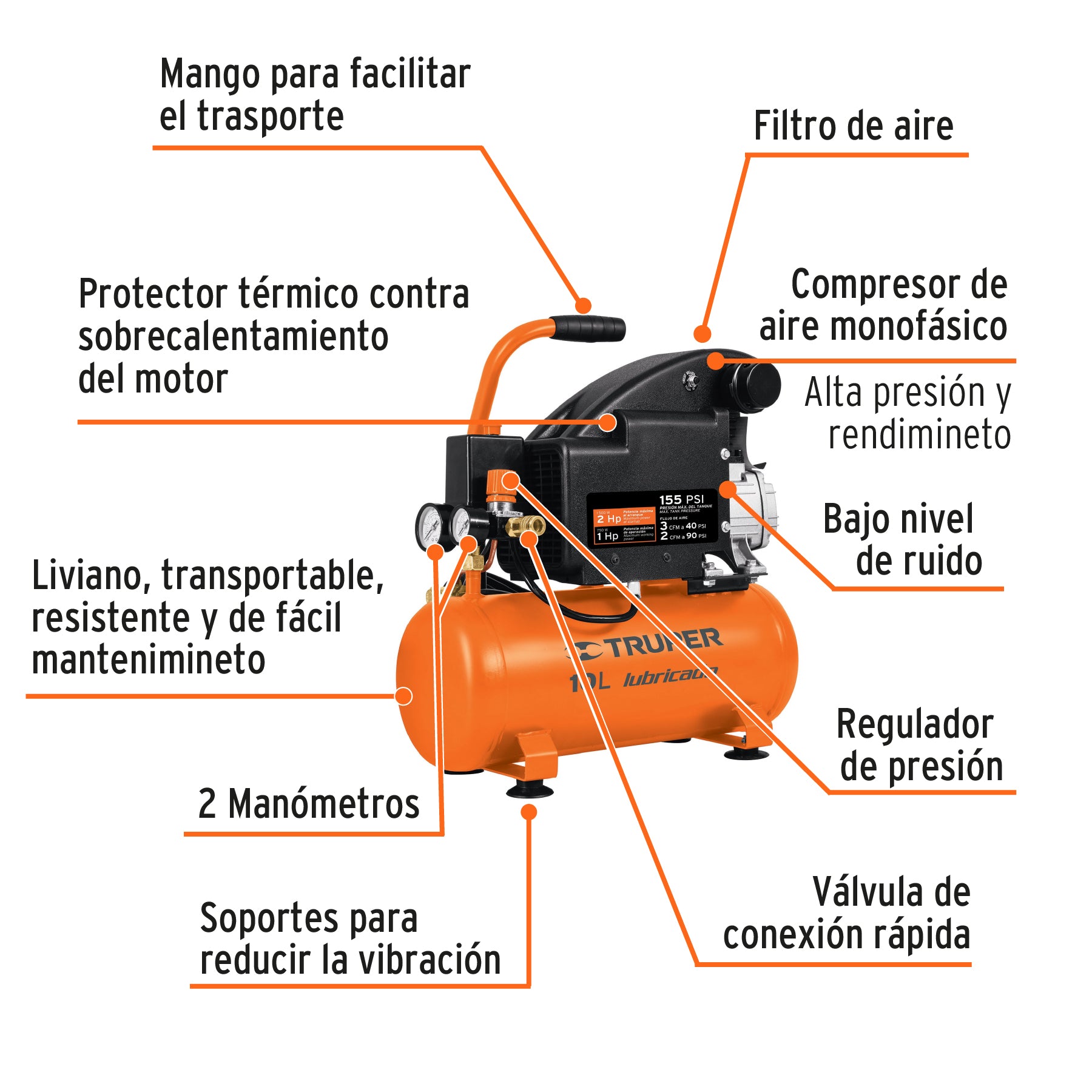 Compresor de aire, lubricado, horizontal 10L 2HP 127V TRUPER