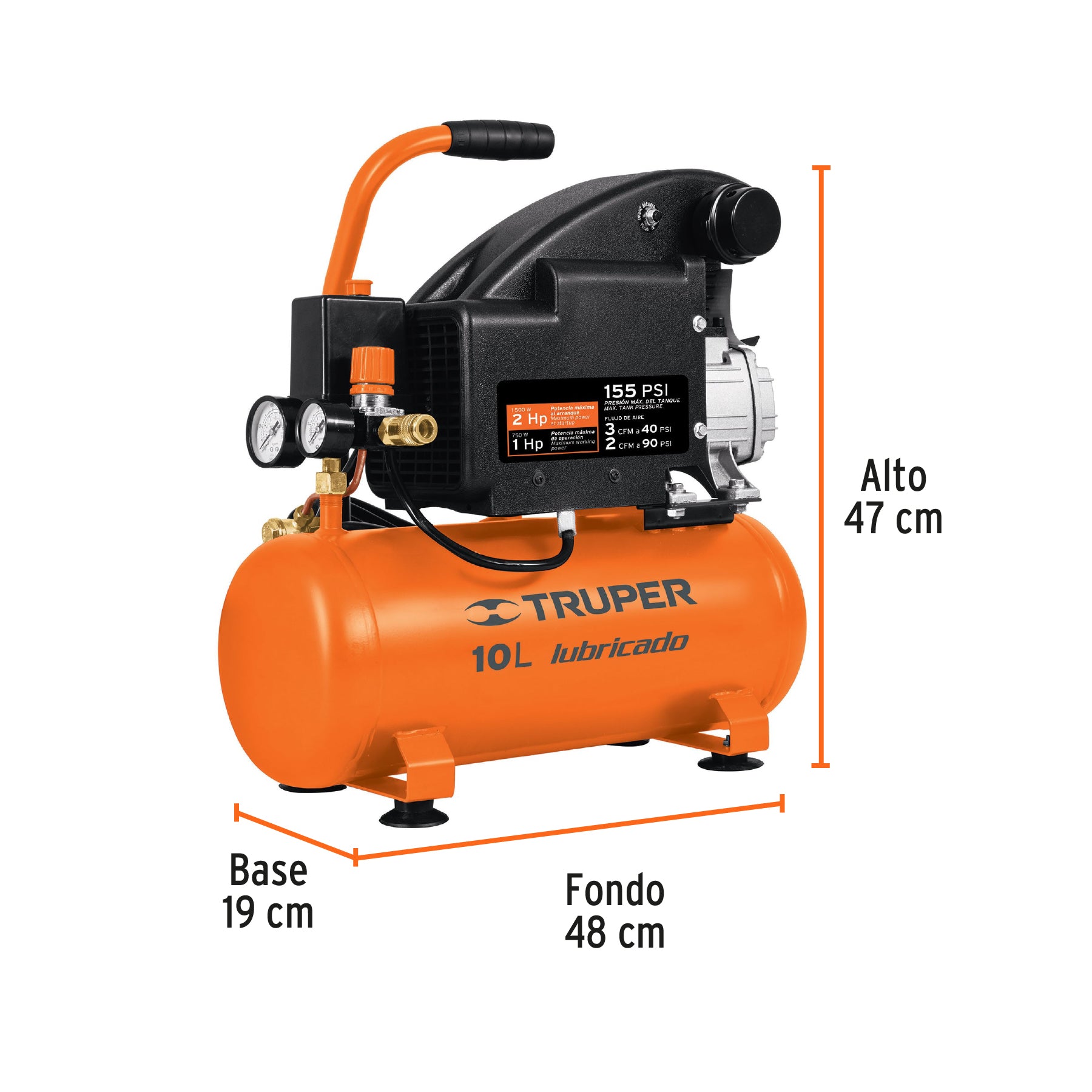 Compresor de aire, lubricado, horizontal 10L 2HP 127V TRUPER